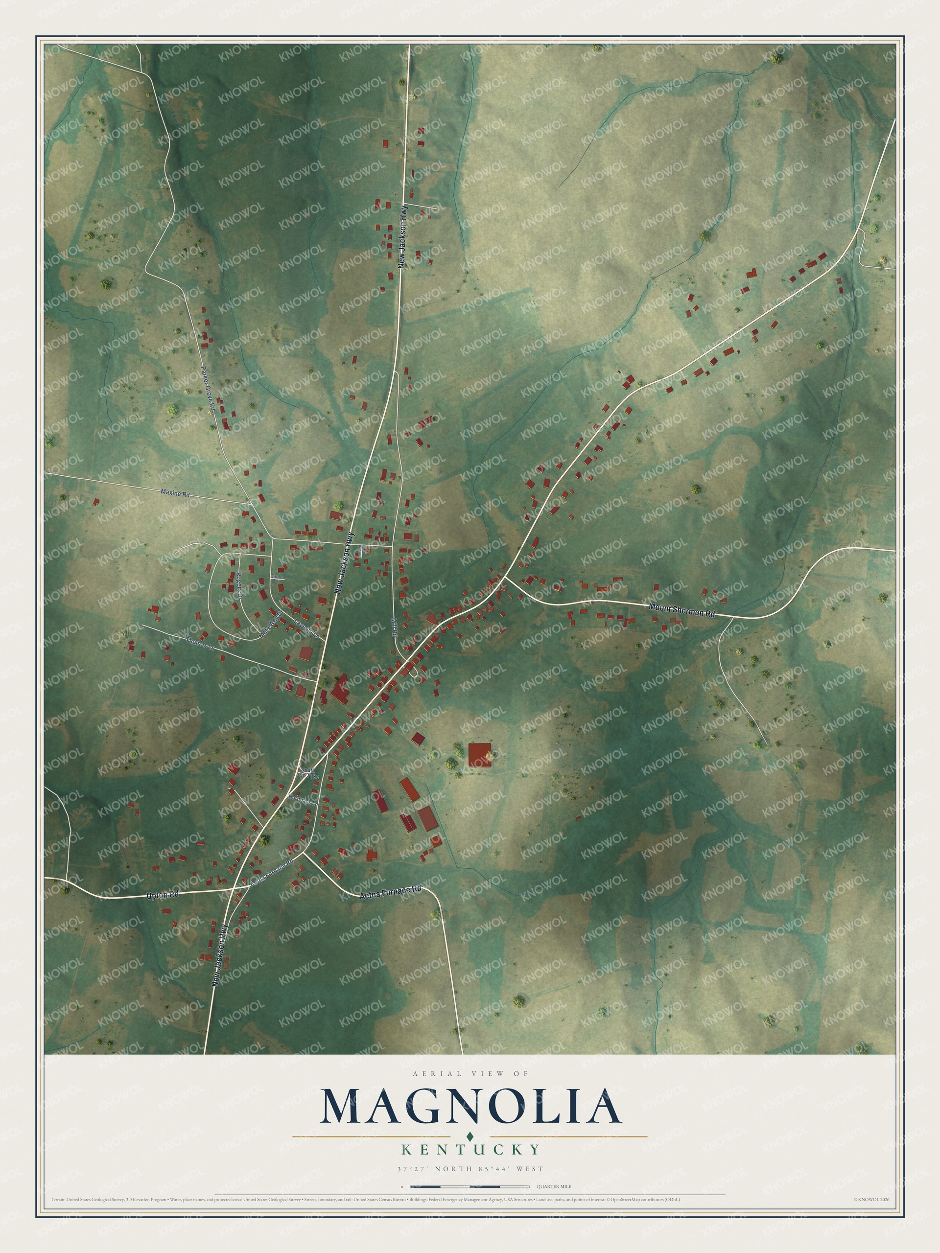 Full map of Magnolia, Kentucky, with red buildings, printed street names and the land around them
