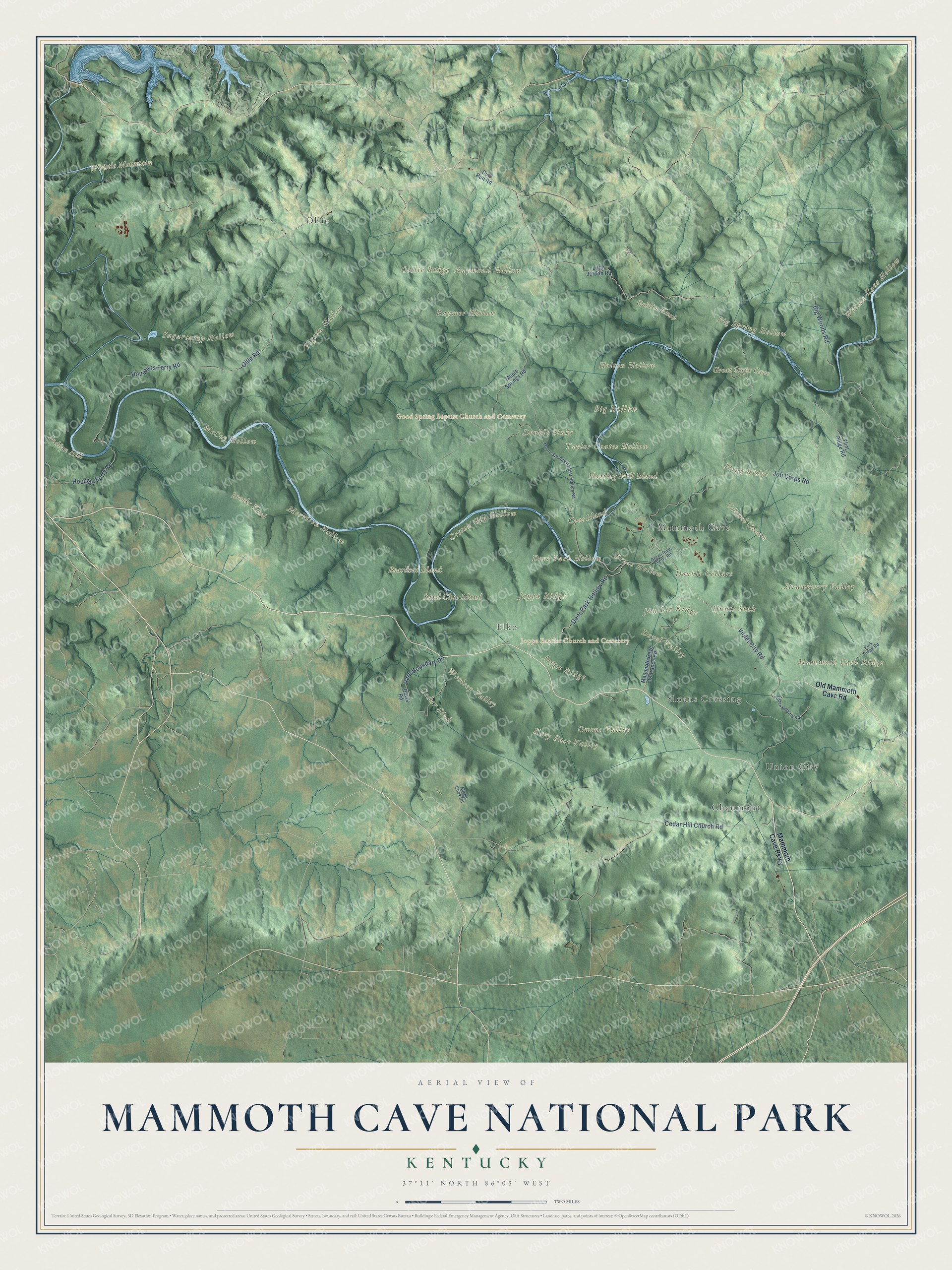 Full map of Mammoth Cave National Park, with shaded relief across its ridges and hollows and the Green River valley