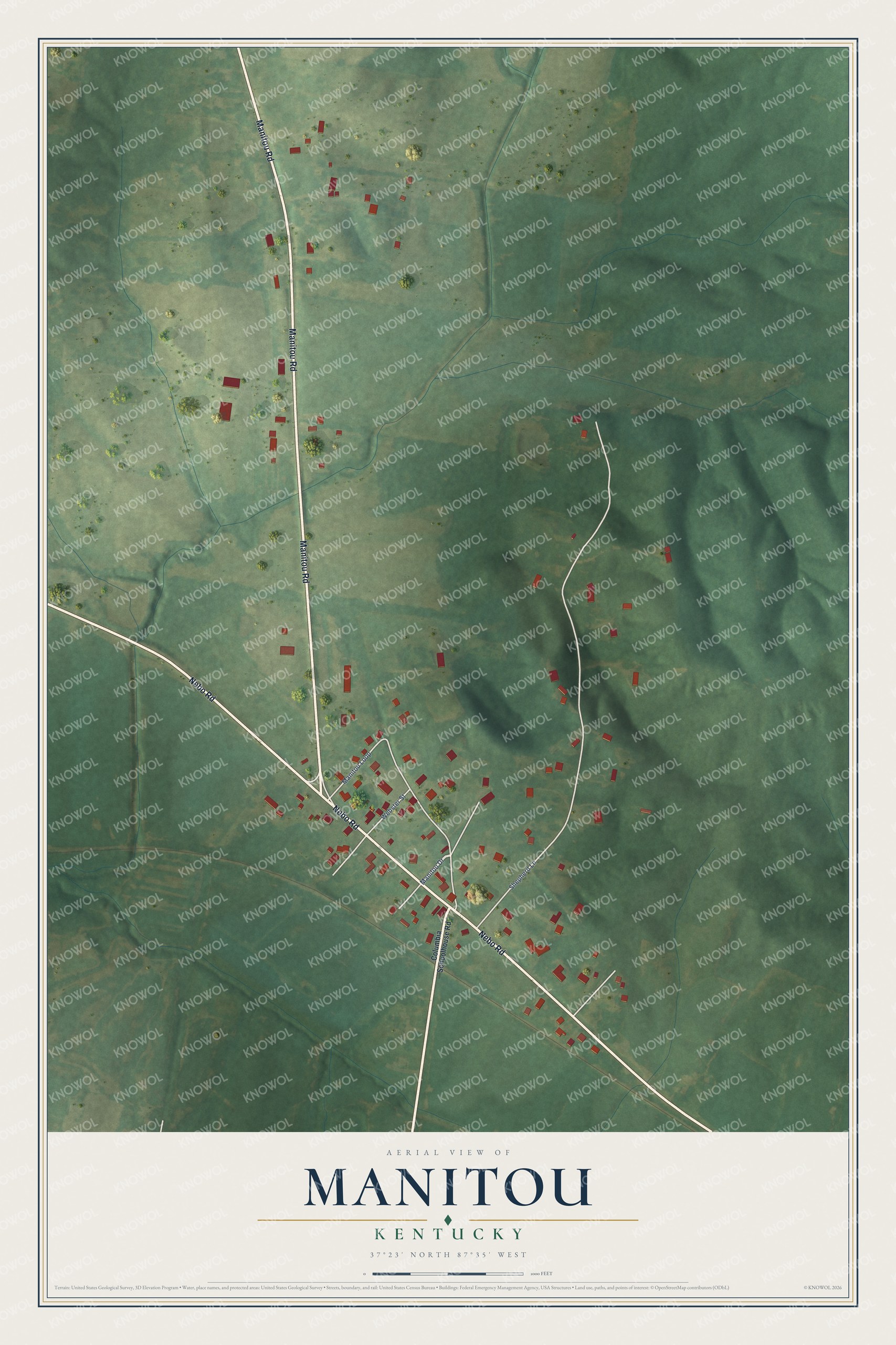 Full map of Manitou, Kentucky, with red buildings, printed street names and the land around them