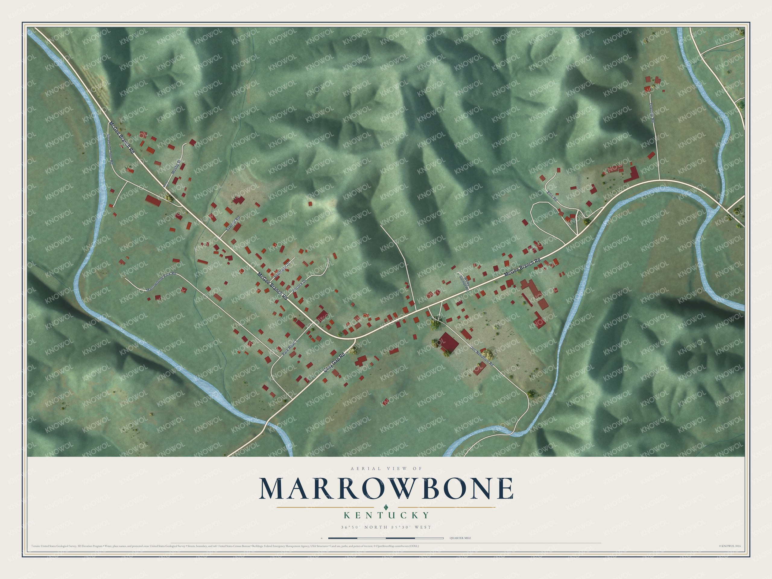 Full map of Marrowbone, Kentucky, with red buildings, printed street names and the land around them