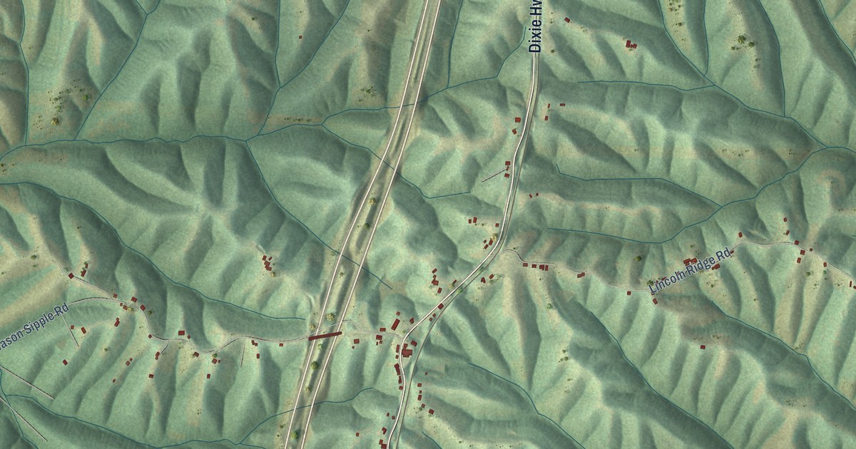 Close-up of streets and buildings in Mason, Kentucky