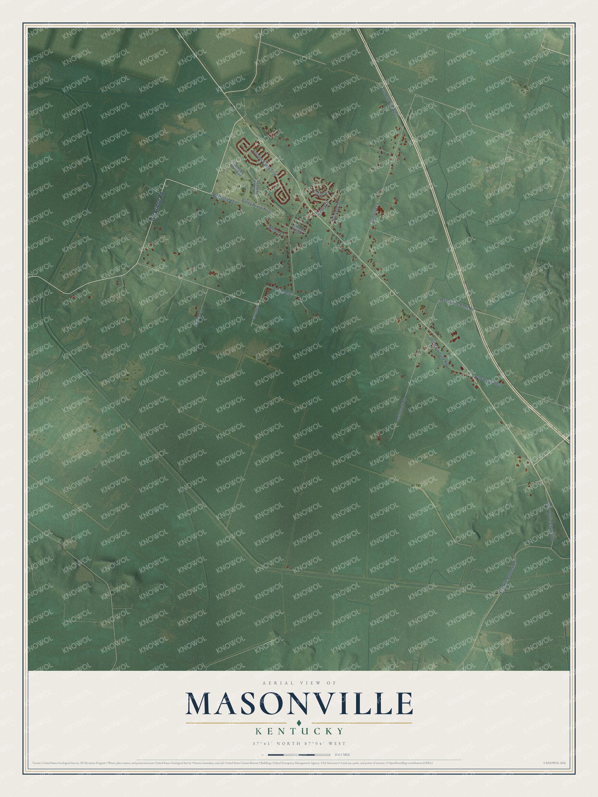 Full map of Masonville, Kentucky, with red buildings, printed street names and the land around them