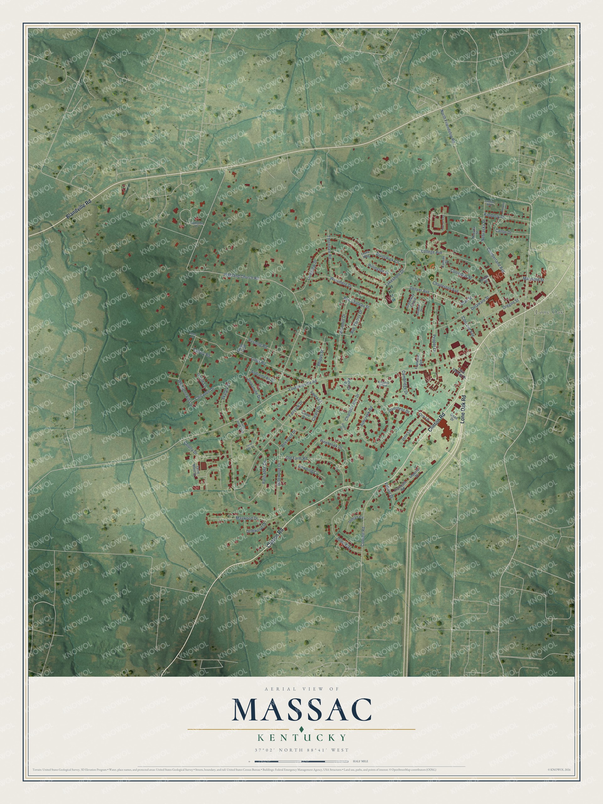 Full map of Massac, Kentucky, with red buildings, printed street names and the land around them
