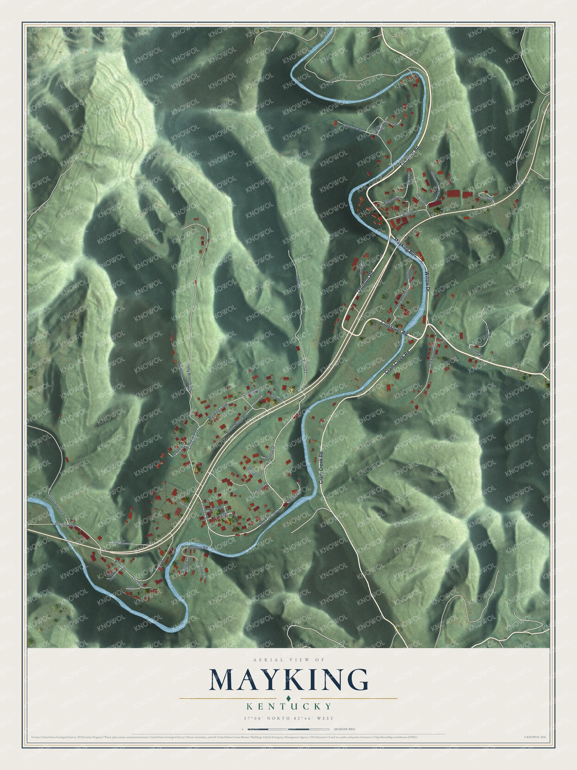 Full map of Mayking, Kentucky, with red buildings, printed street names and the land around them