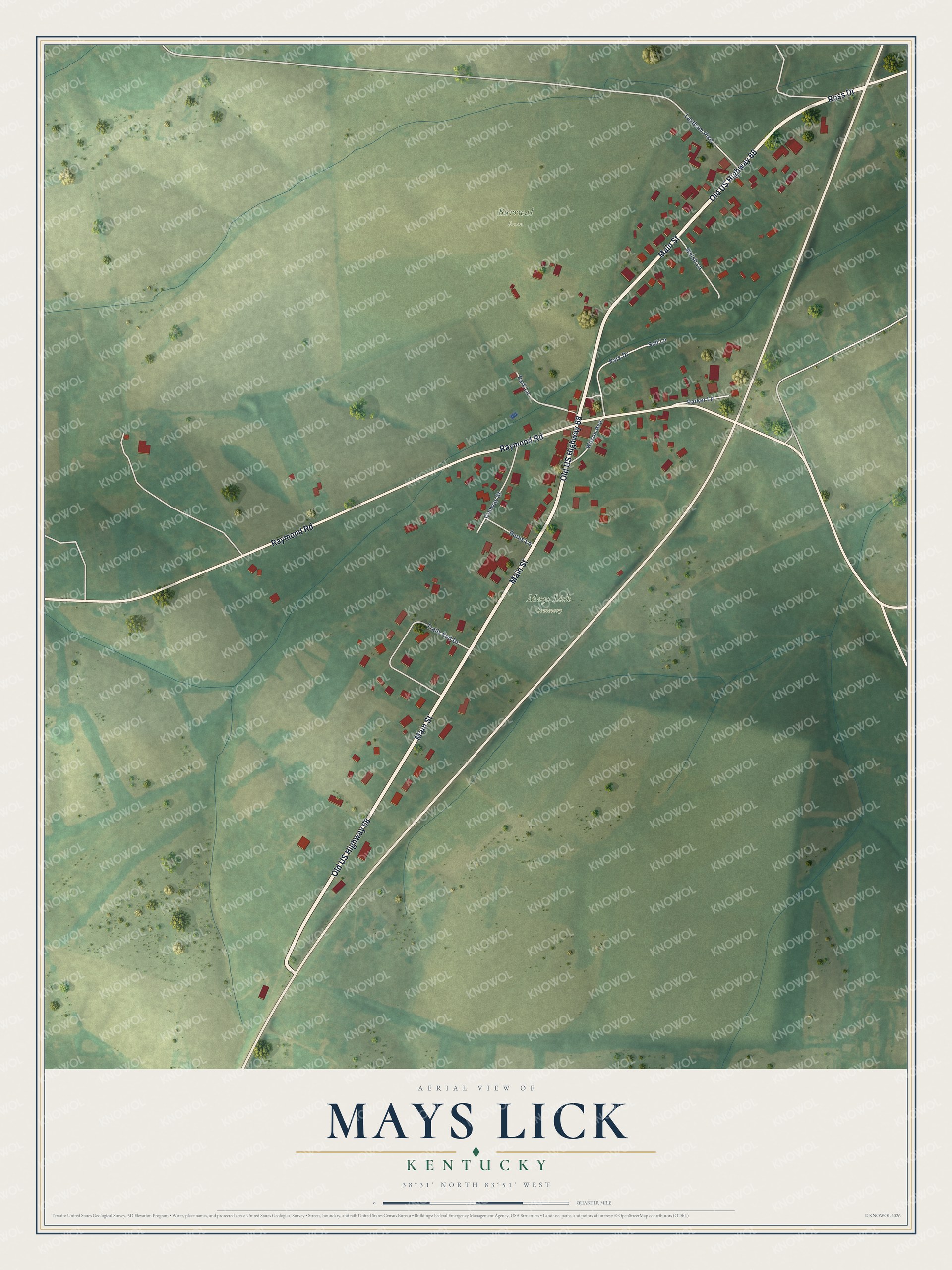 Full map of Mays Lick, Kentucky, with red buildings, printed street names and the land around them