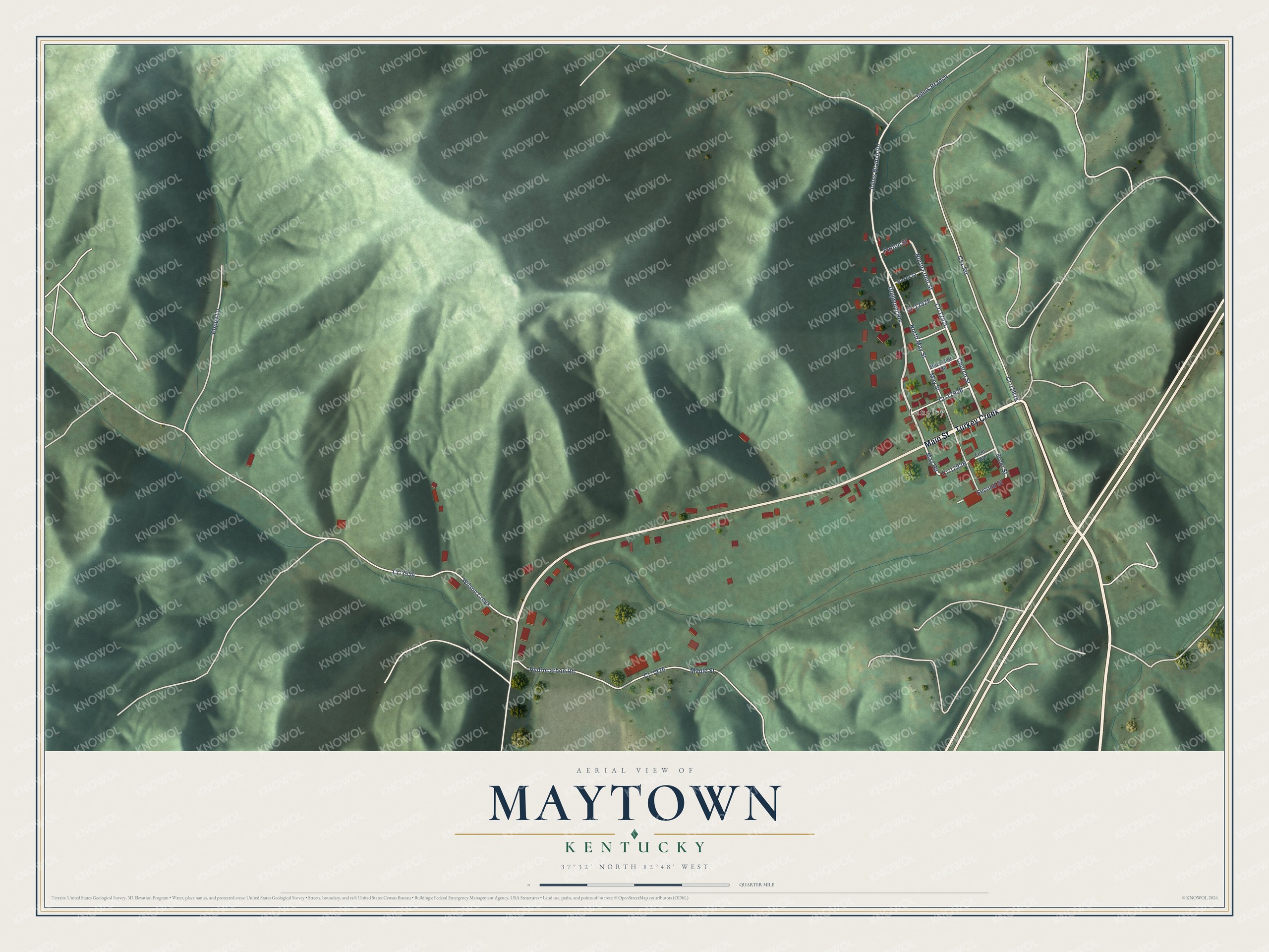 Full map of Maytown, Kentucky, with red buildings, printed street names and the land around them