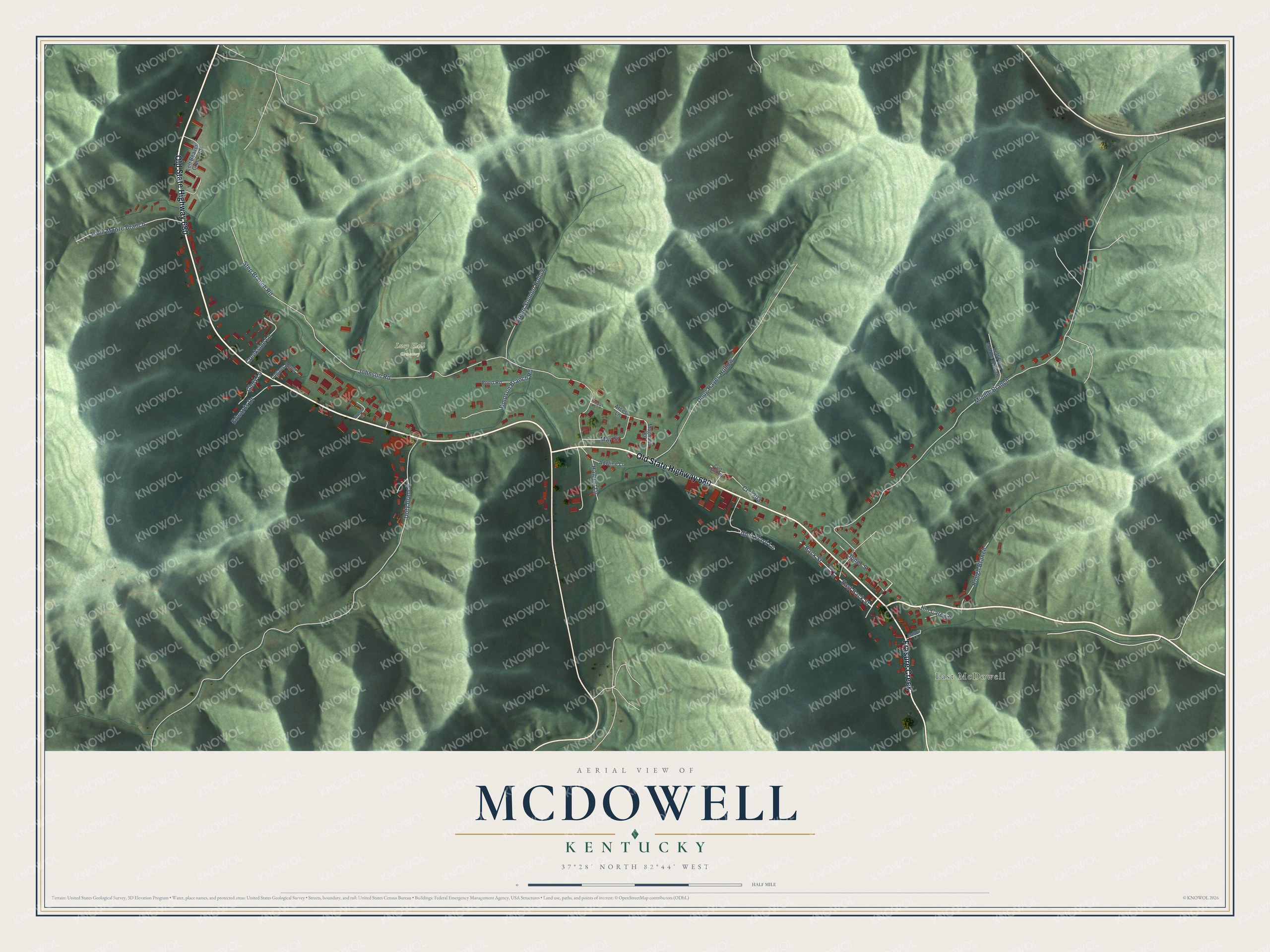 Full map of McDowell, Kentucky, with red buildings, printed street names and the land around them