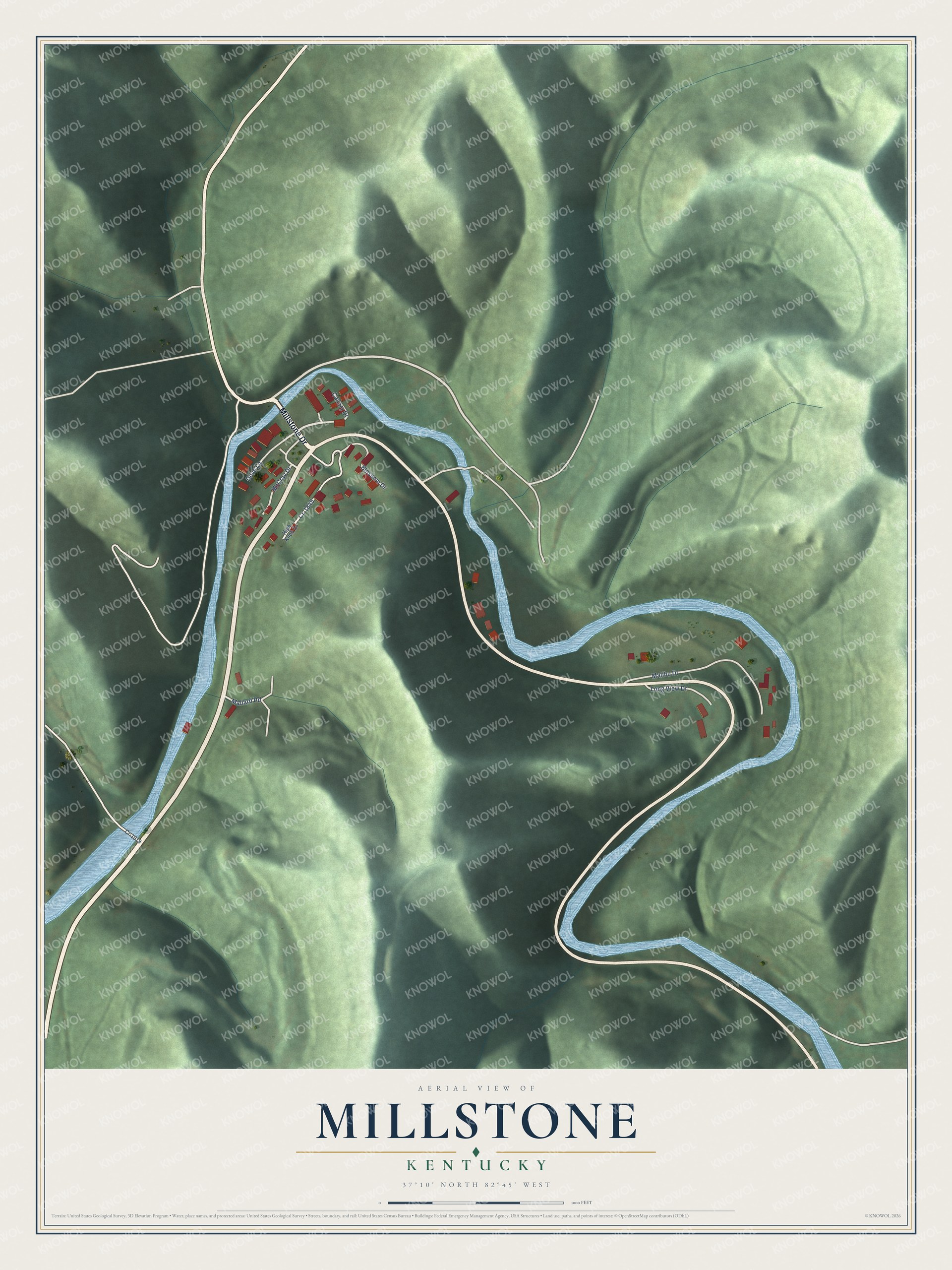 Full map of Millstone, Kentucky, with red buildings, printed street names and the land around them