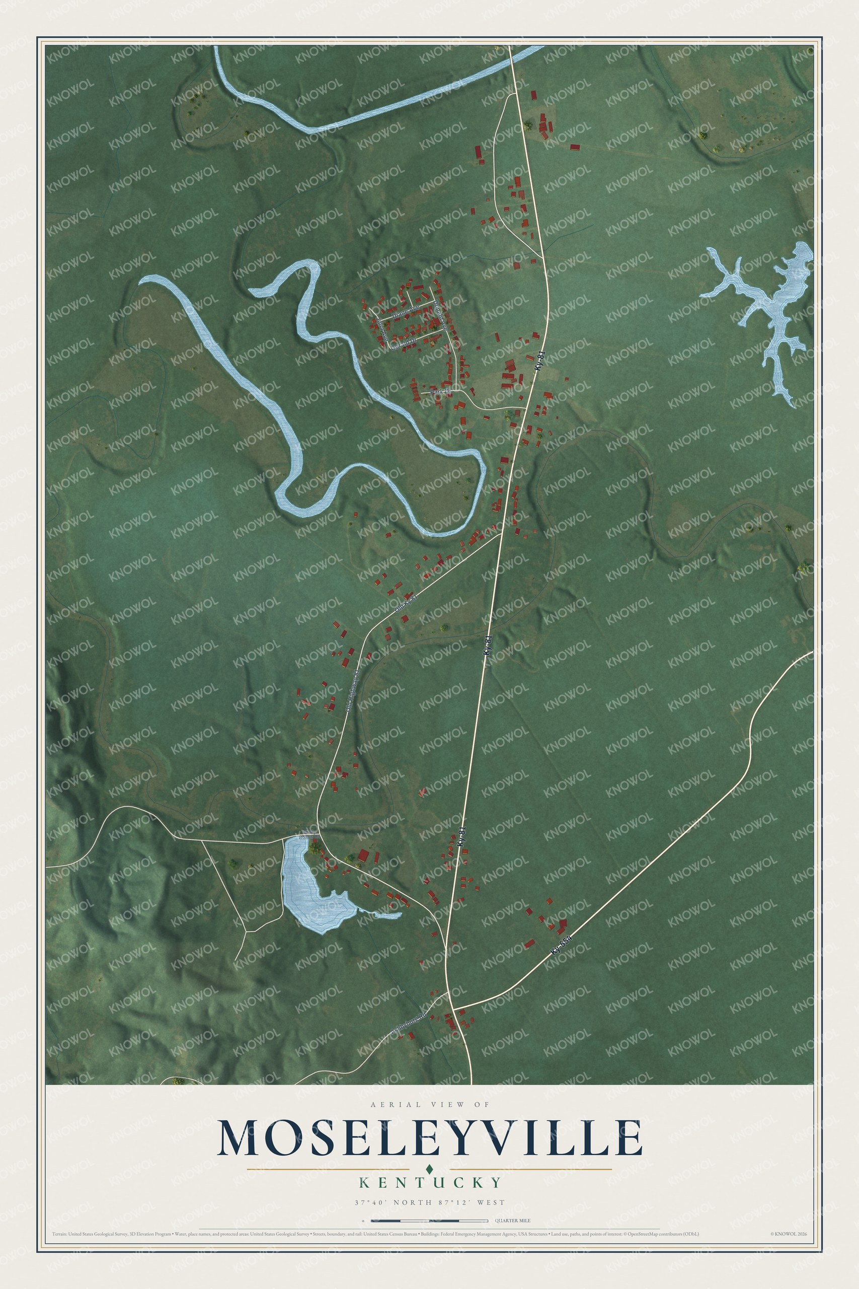 Full map of Moseleyville, Kentucky, with red buildings, printed street names and the land around them