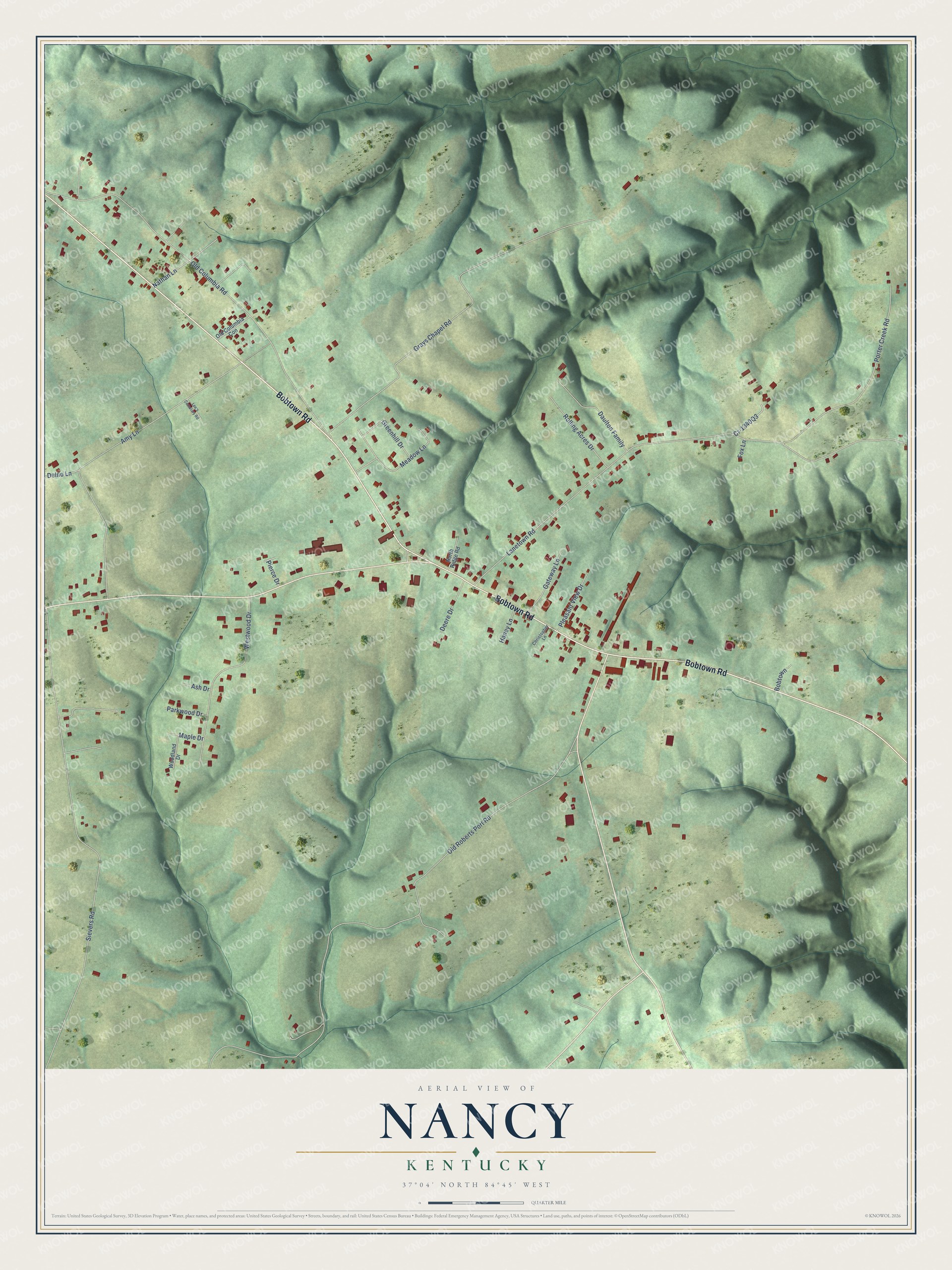 Full map of Nancy, Kentucky, with red buildings, printed street names and the land around them