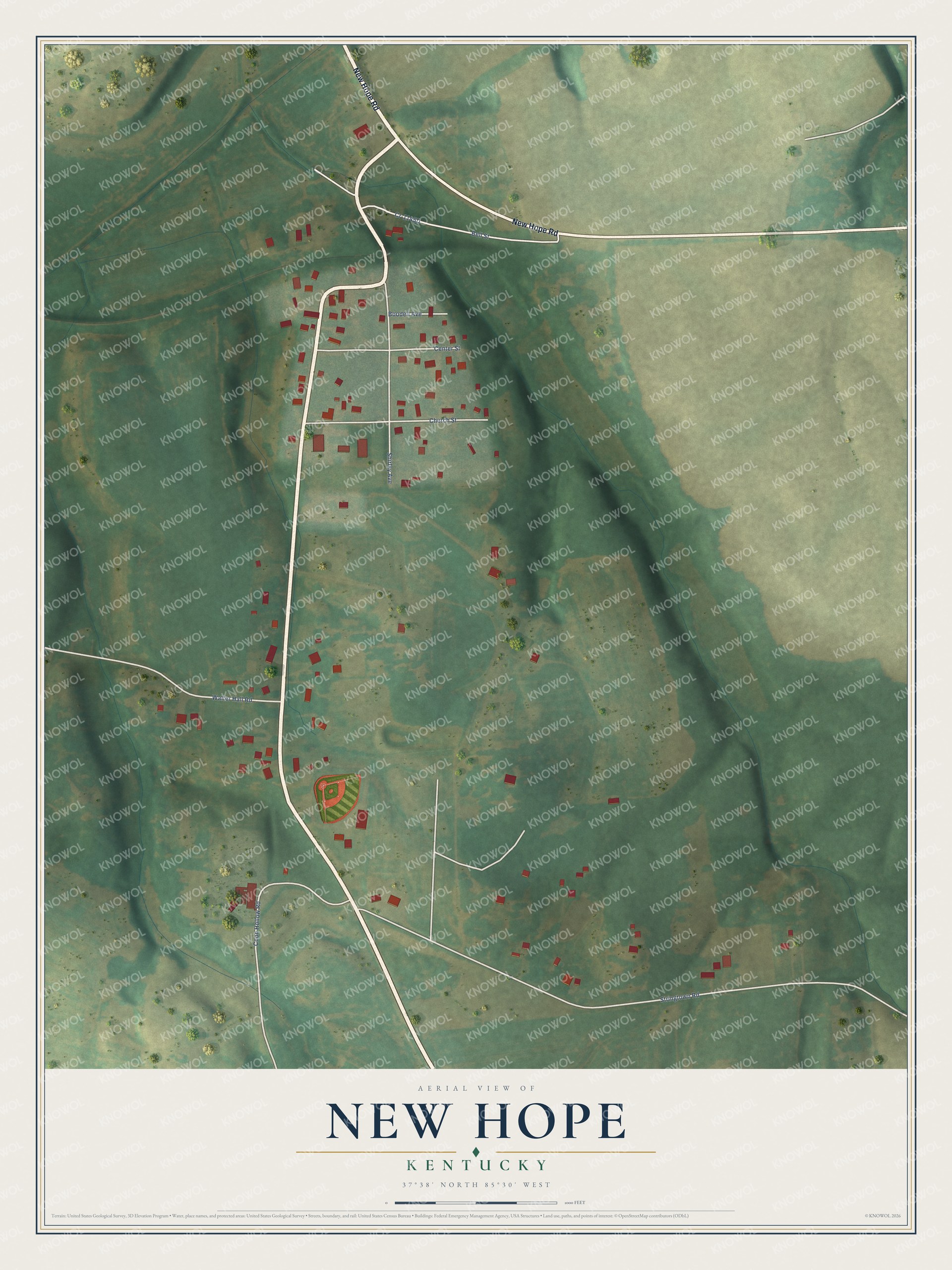 Full map of New Hope, Kentucky, with red buildings, printed street names and the land around them