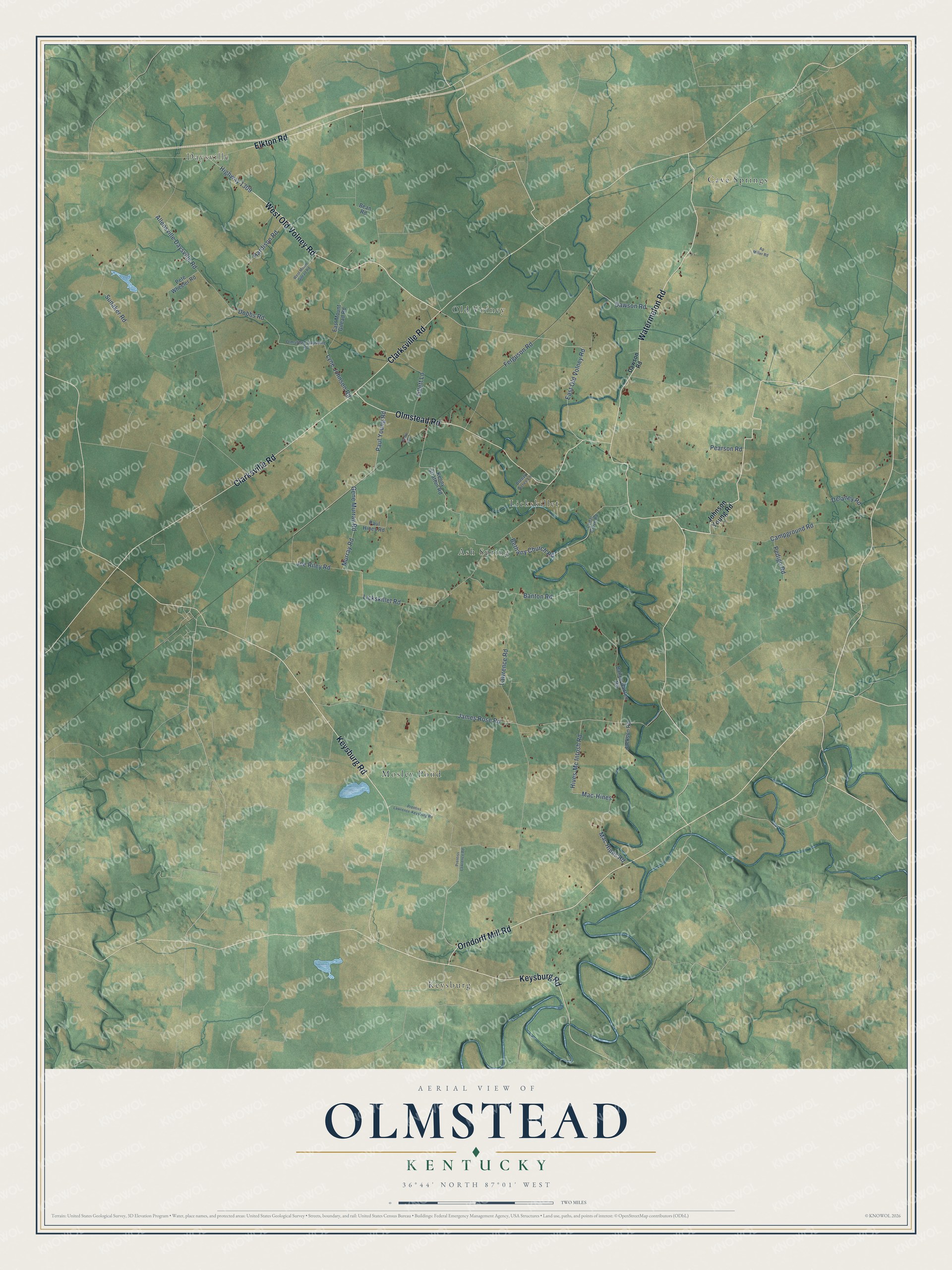 Full map of Olmstead, Kentucky, with red buildings, printed street names and the land around them