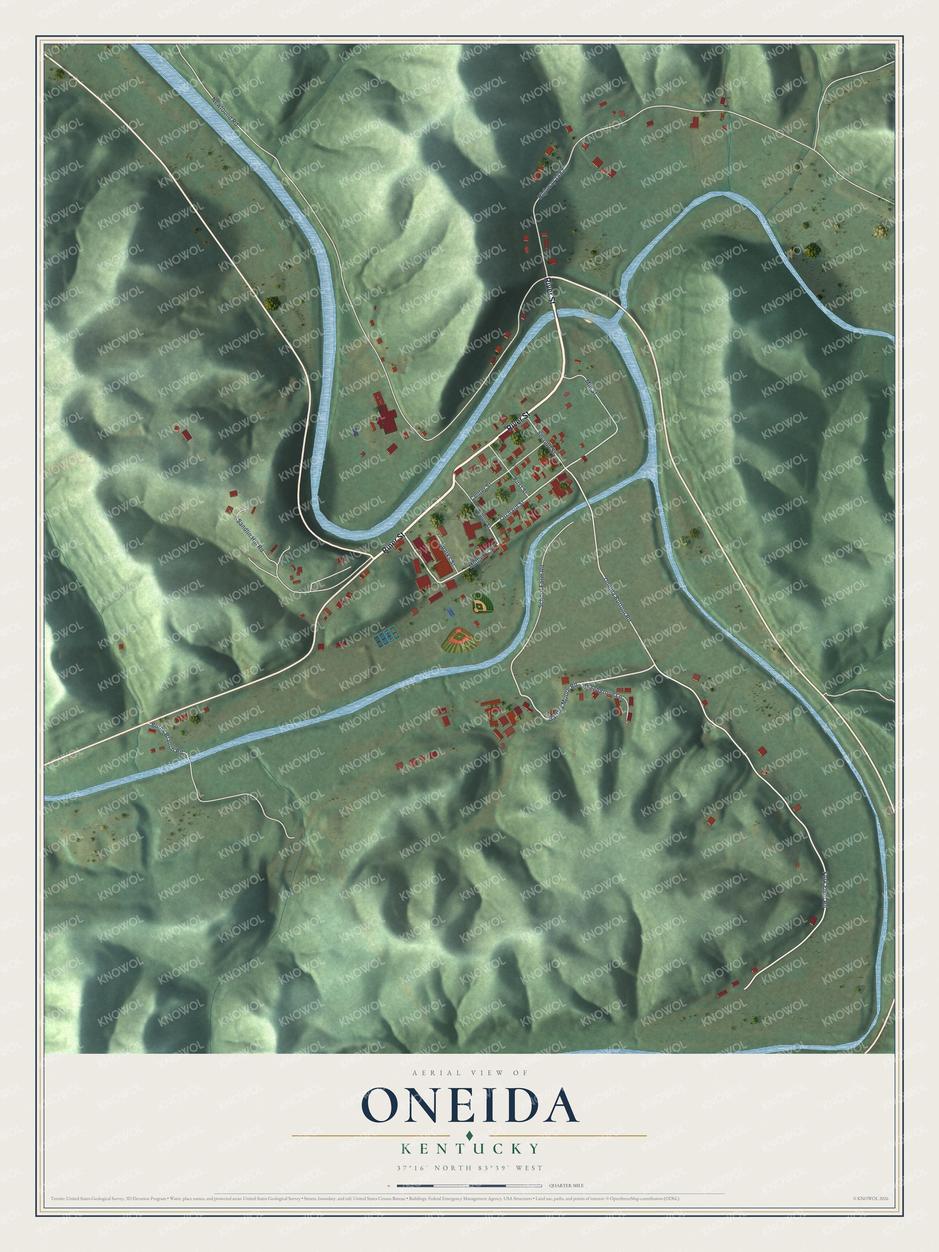 Full map of Oneida, Kentucky, with red buildings, printed street names and the land around them