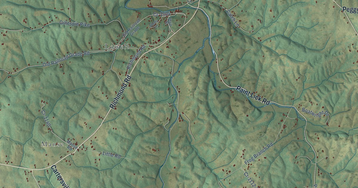Close-up of streets and buildings in Paint Lick, Kentucky