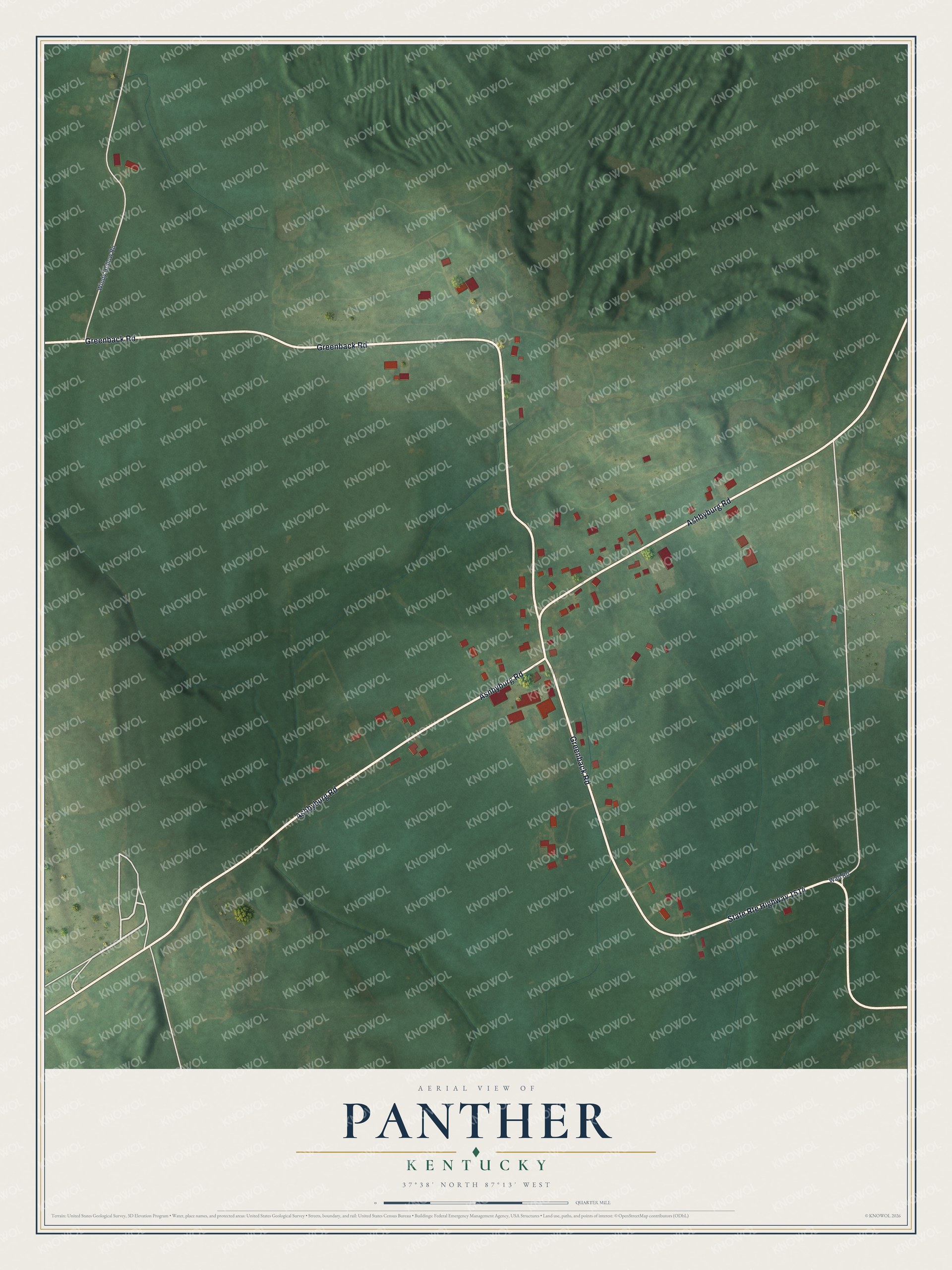 Full map of Panther, Kentucky, with red buildings, printed street names and the land around them