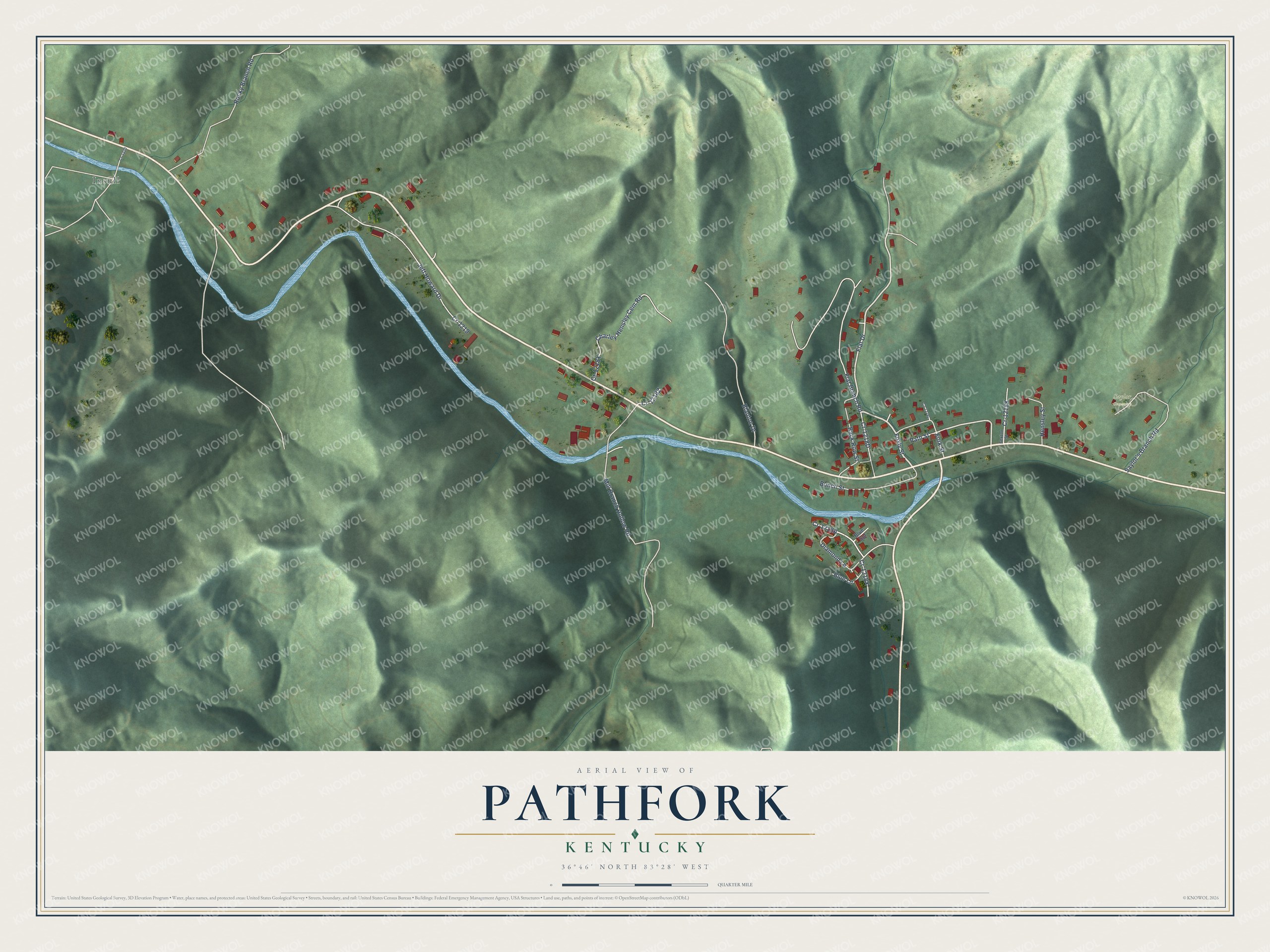Full map of Pathfork, Kentucky, with red buildings, printed street names and the land around them