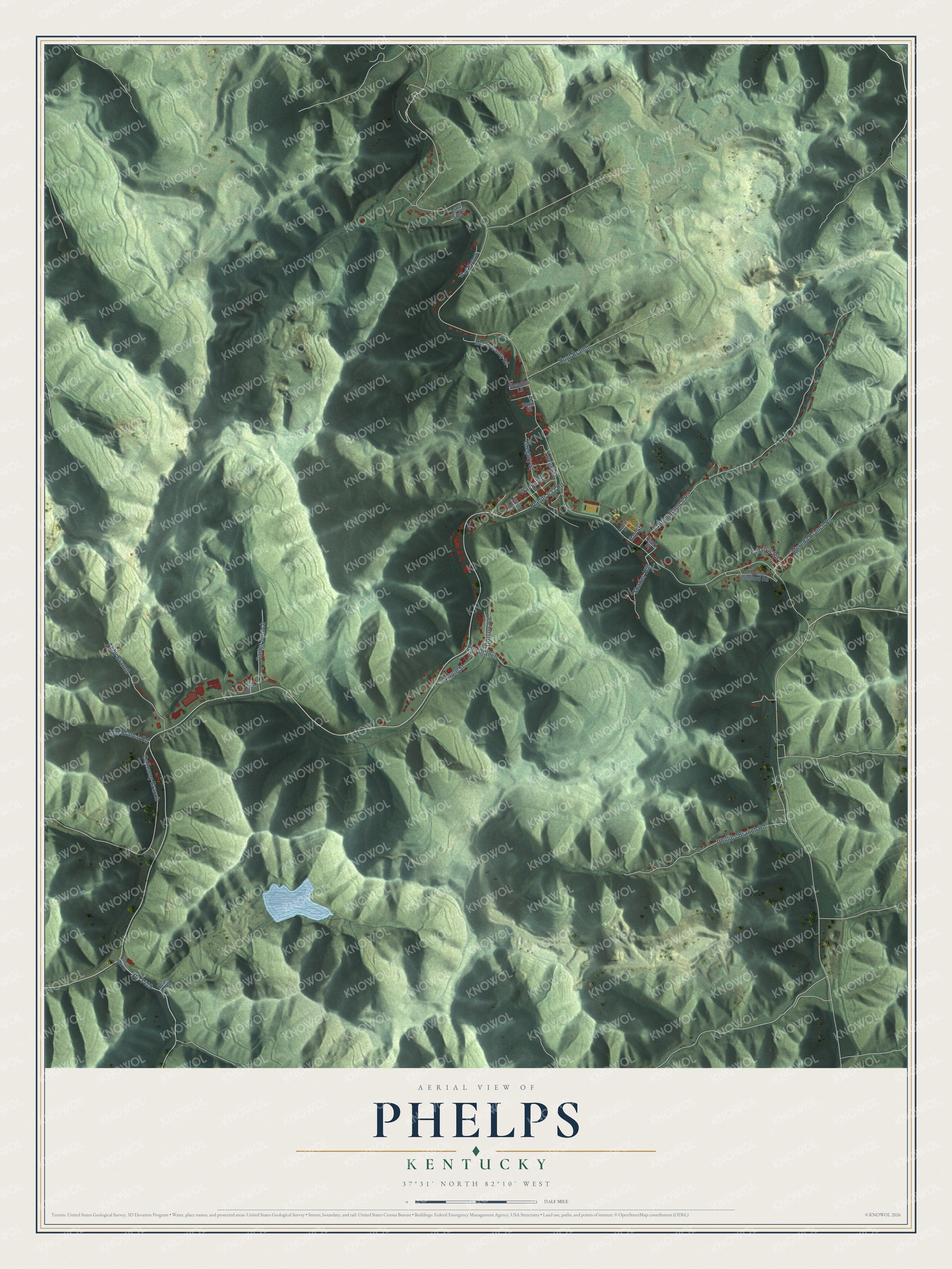 Full map of Phelps, Kentucky, with red buildings, printed street names and the land around them