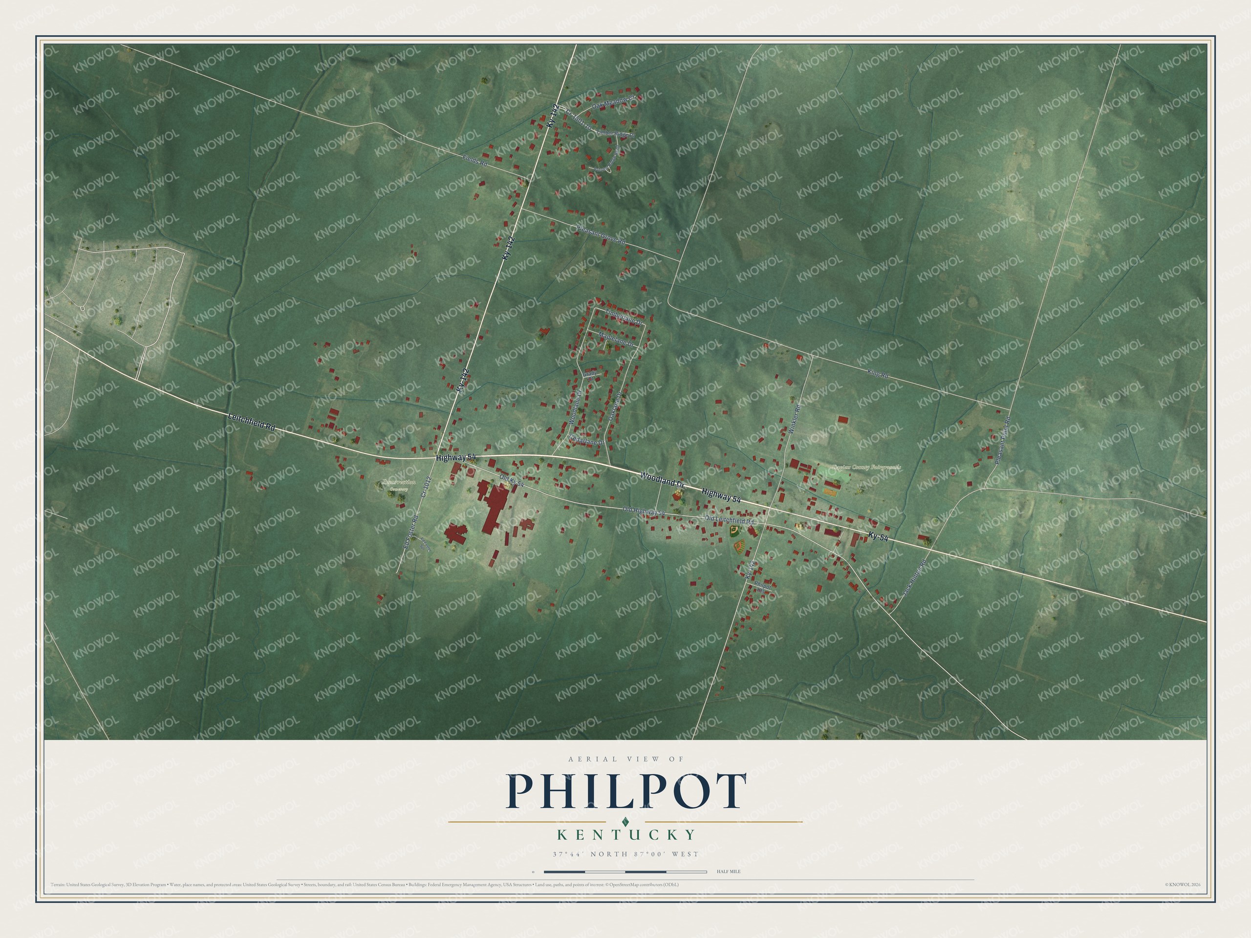Full map of Philpot, Kentucky, with red buildings, printed street names and the land around them