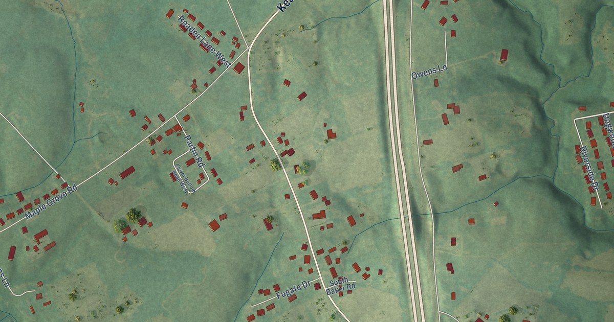 Close-up of streets and buildings in Pine Grove, Kentucky