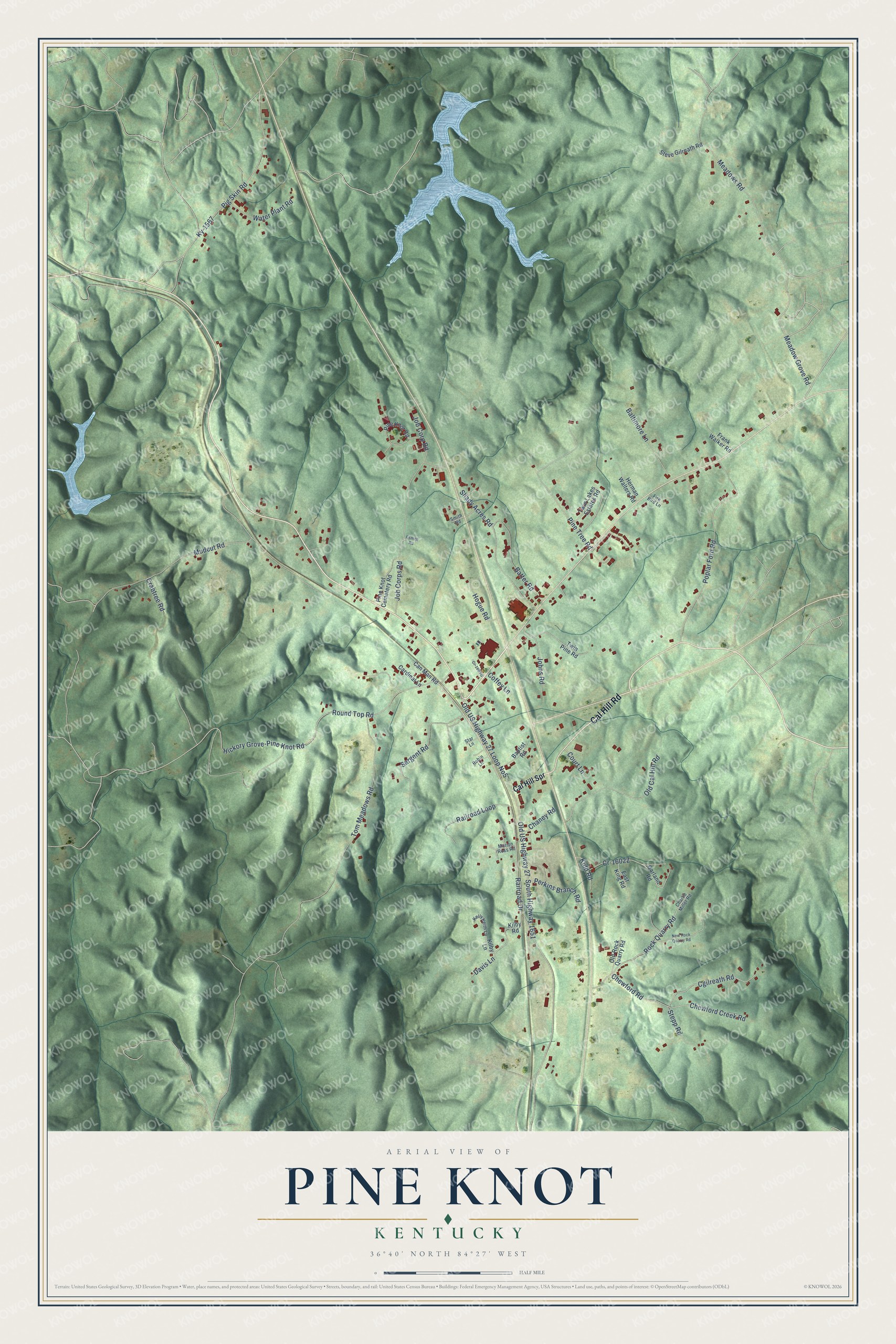 Full map of Pine Knot, Kentucky, with red buildings, printed street names and the land around them
