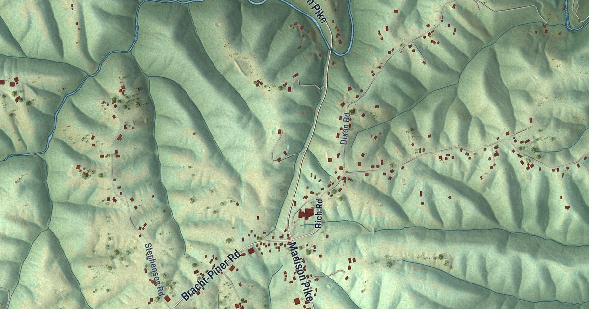 Close-up of streets and buildings in Piner, Kentucky