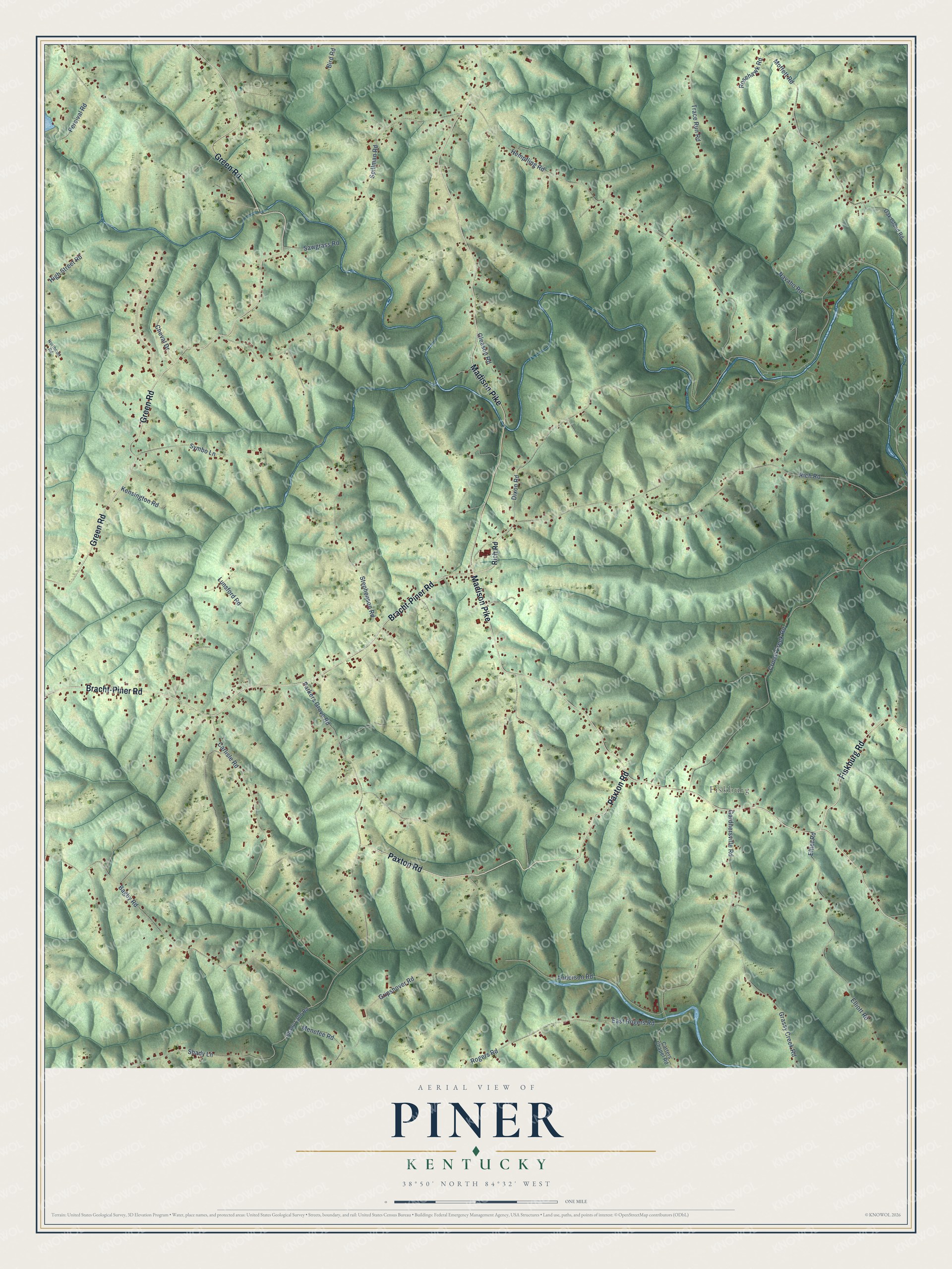Full map of Piner, Kentucky, with red buildings, printed street names and the land around them