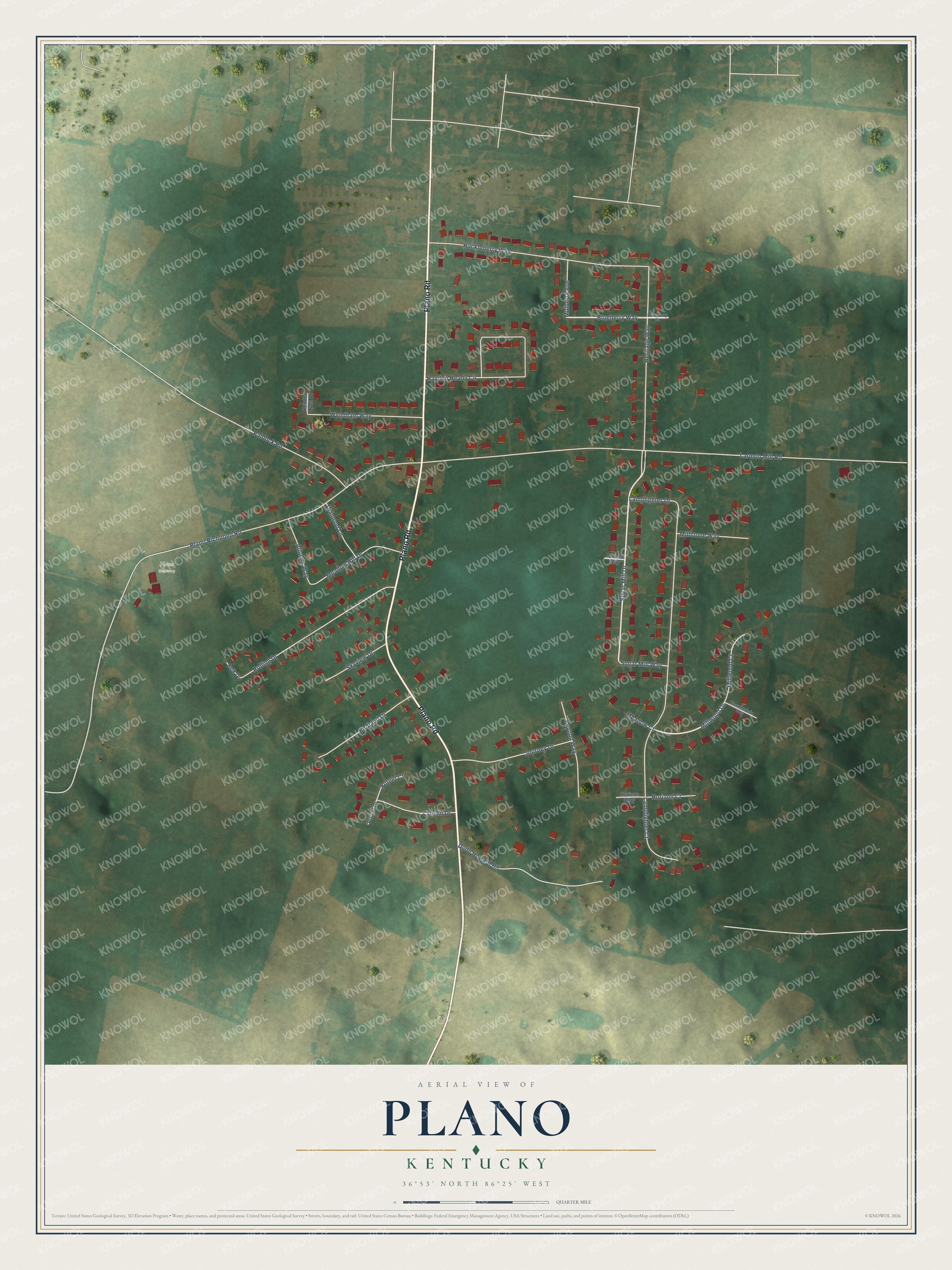 Full map of Plano, Kentucky, with red buildings, printed street names and the land around them