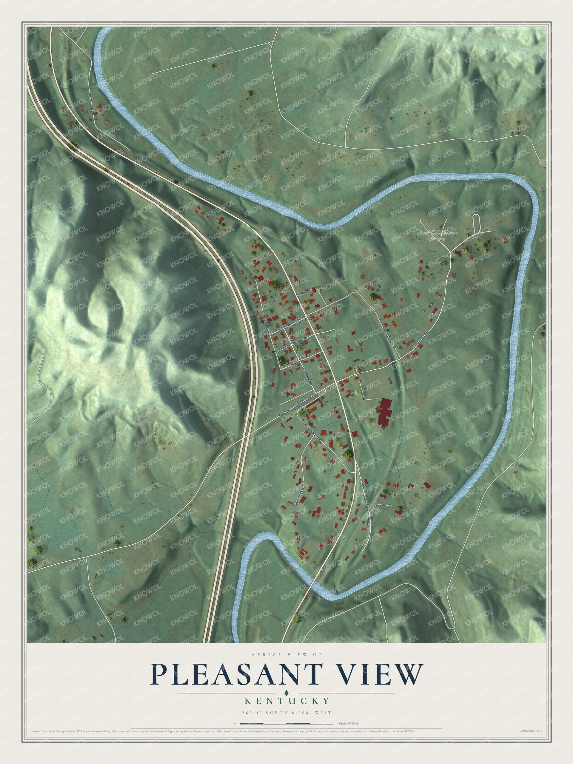 Full map of Pleasant View, Kentucky, with red buildings, printed street names and the land around them