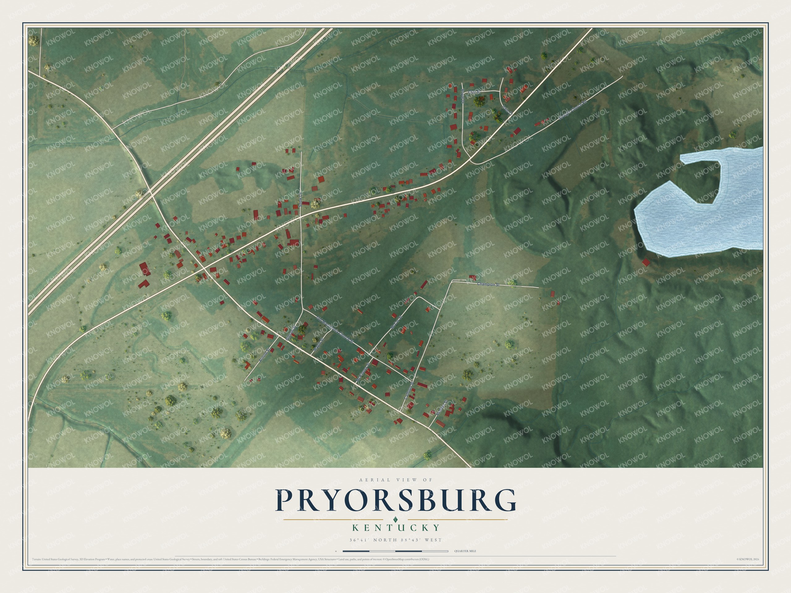 Full map of Pryorsburg, Kentucky, with red buildings, printed street names and the land around them