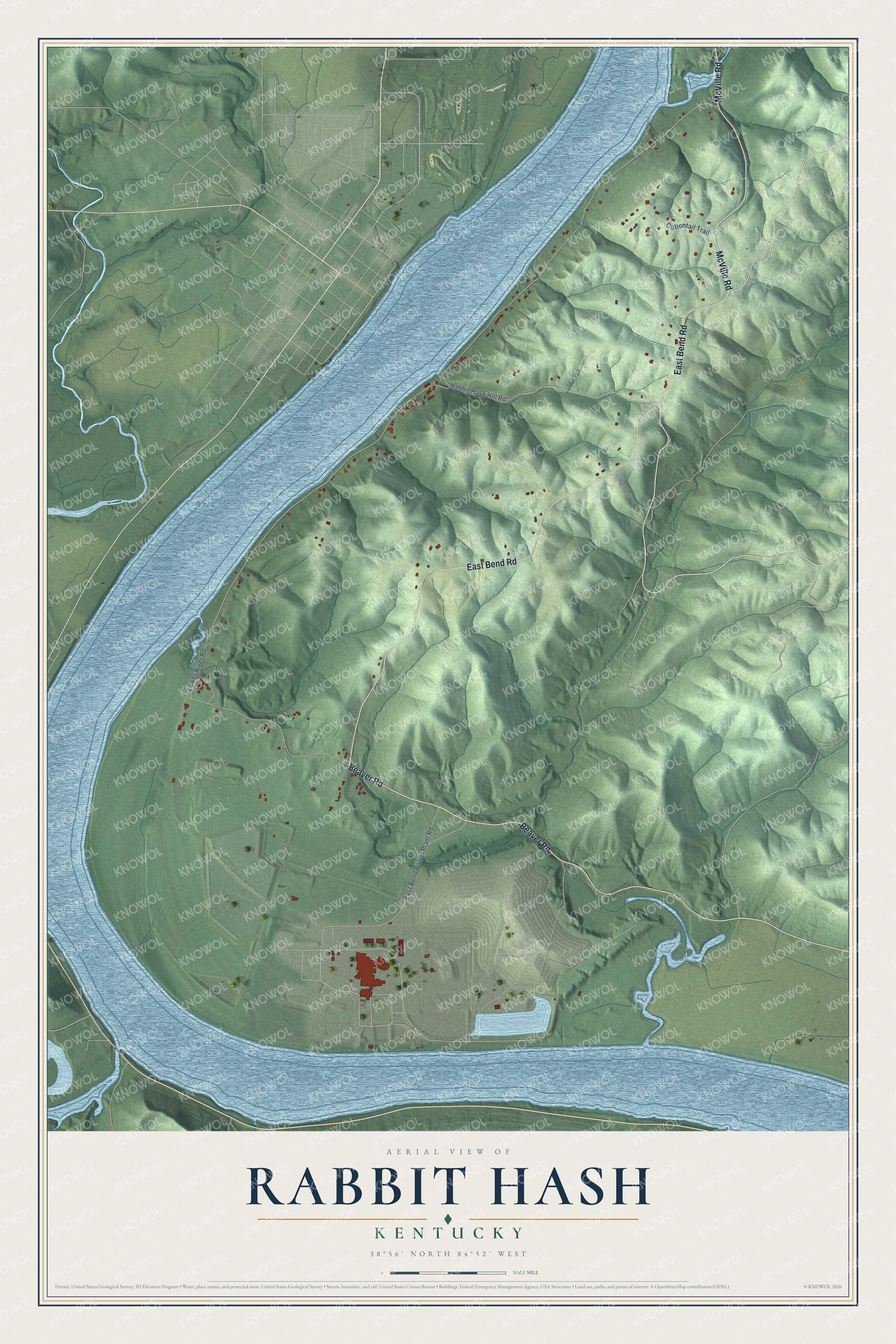Full map of Rabbit Hash, Kentucky, with red buildings, printed street names and the land around them