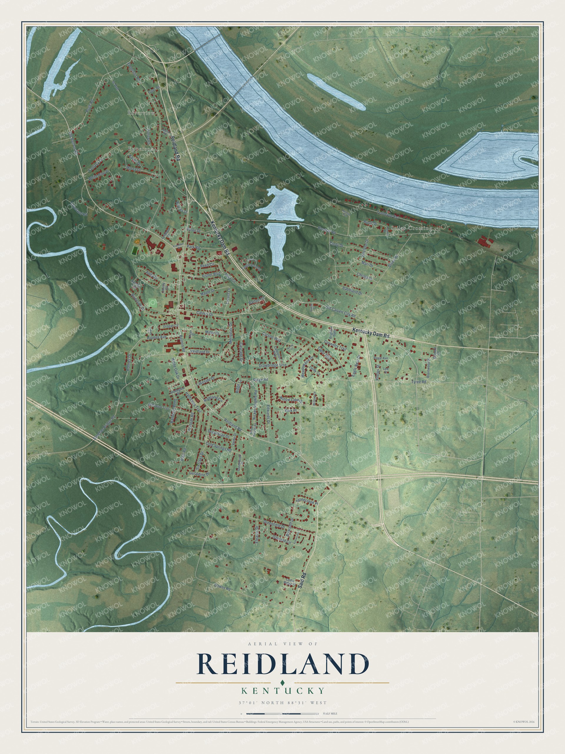 Full map of Reidland, Kentucky, with red buildings, printed street names and the land around them