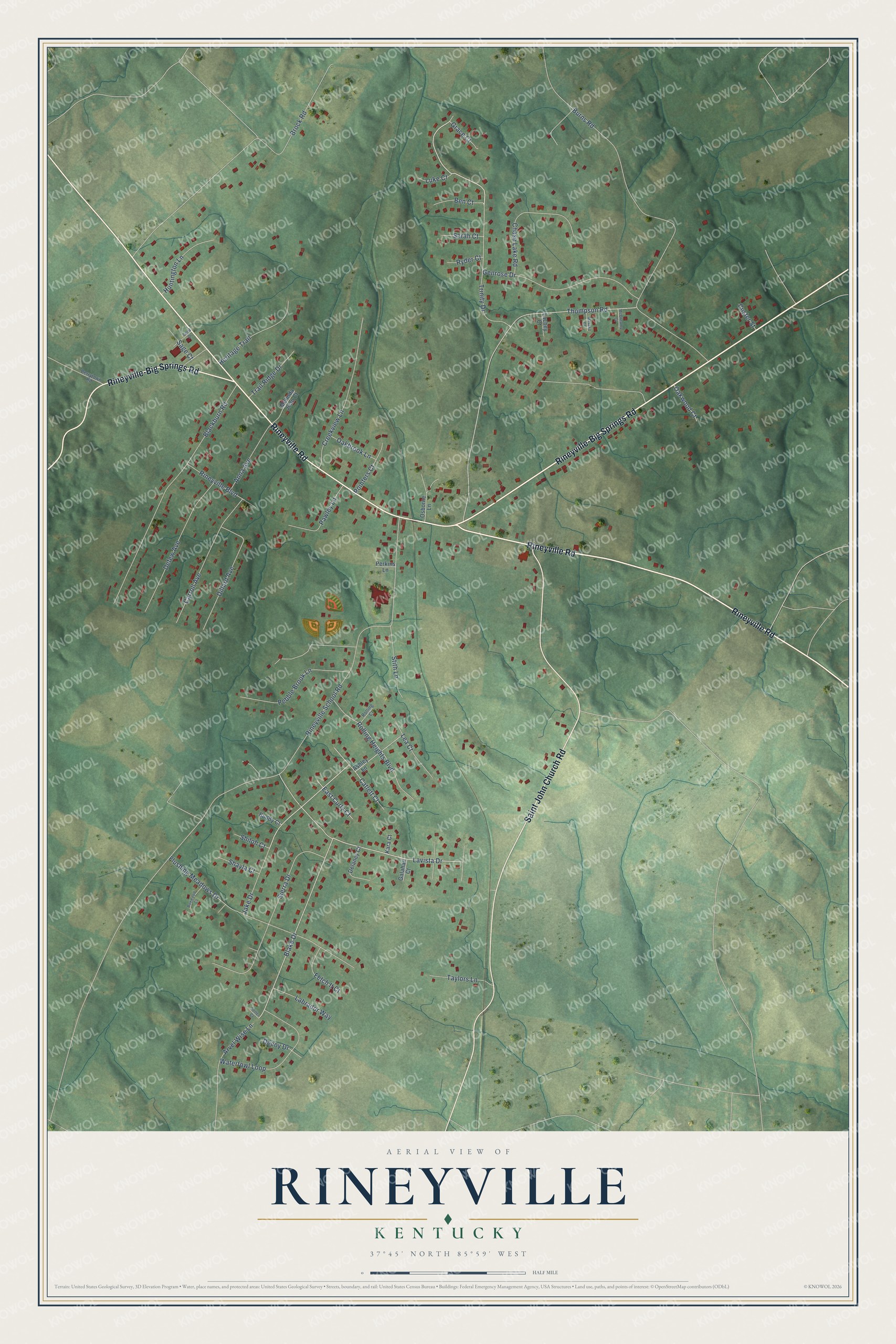 Full map of Rineyville, Kentucky, with red buildings, printed street names and the land around them