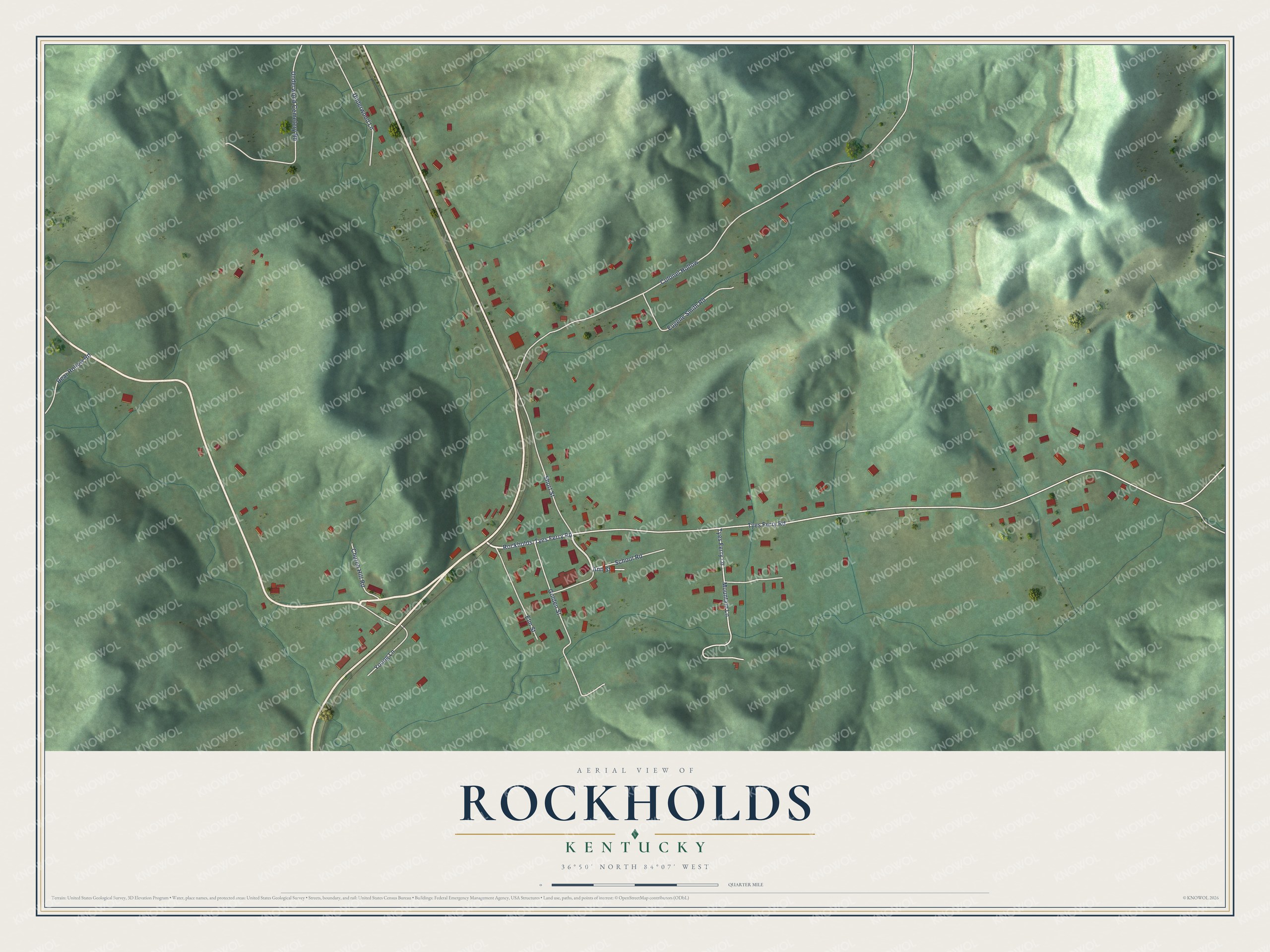 Full map of Rockholds, Kentucky, with red buildings, printed street names and the land around them