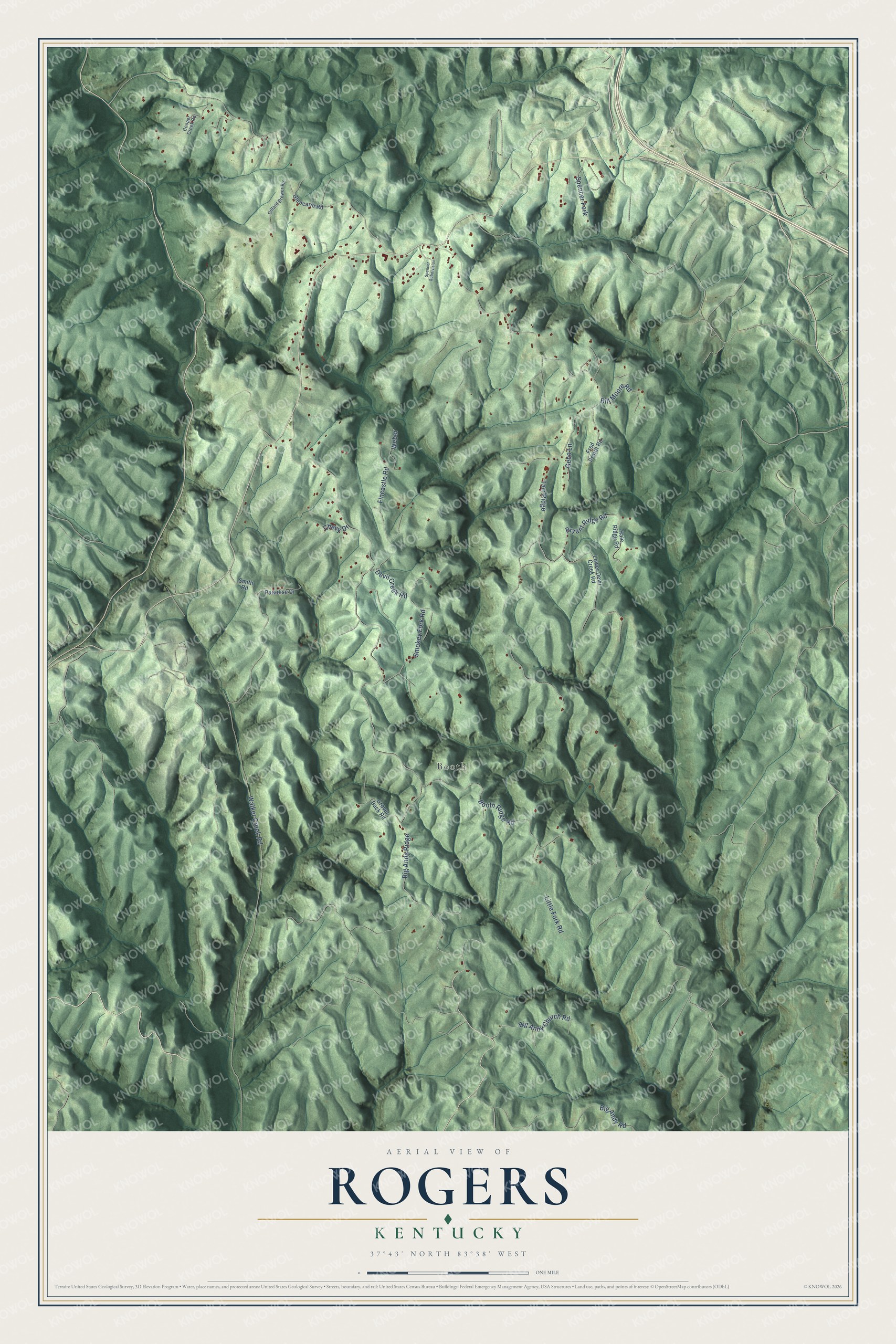 Full map of Rogers, Kentucky, with red buildings, printed street names and the land around them
