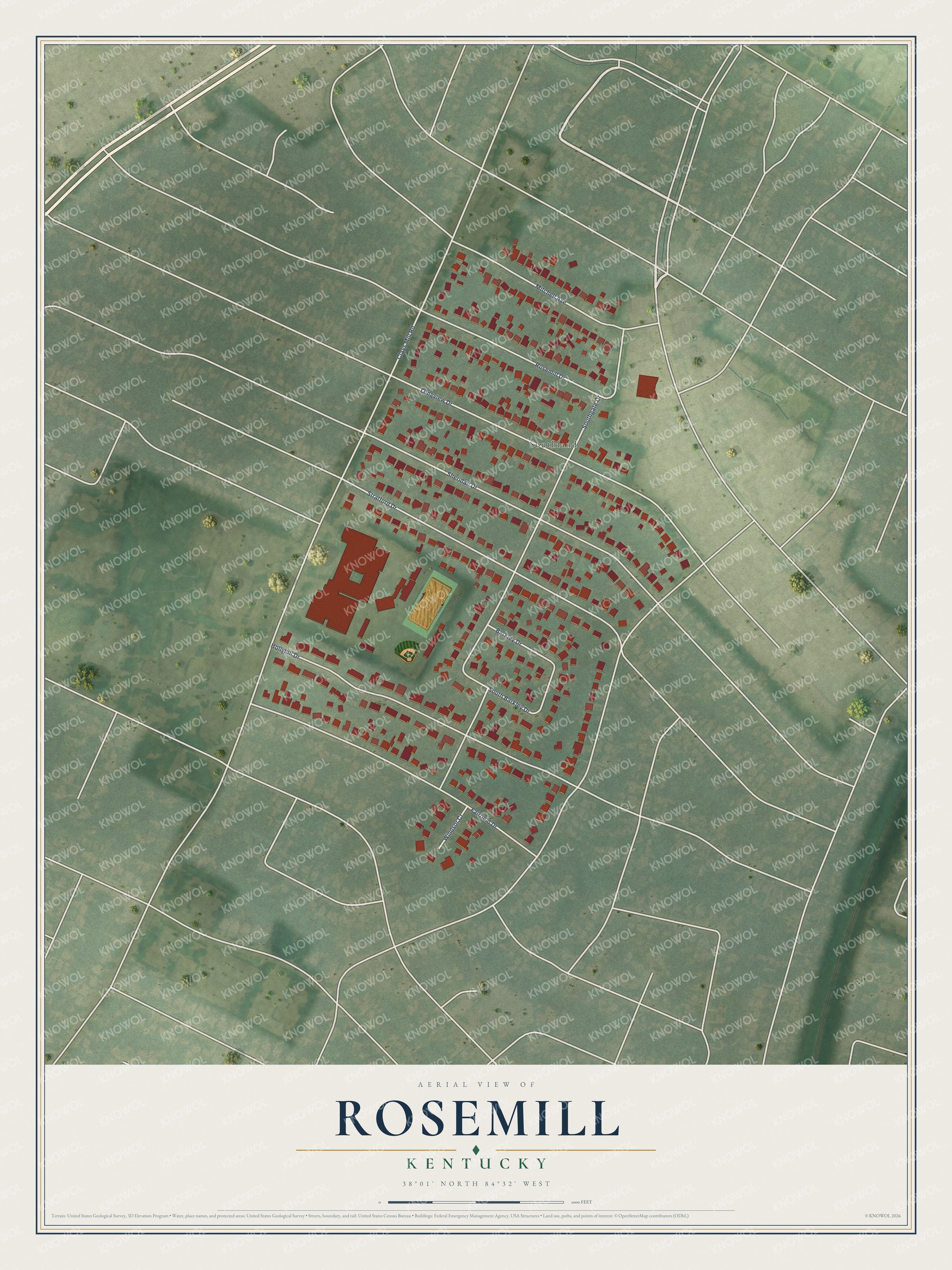 Full map of Rosemill, Kentucky, with red buildings, printed street names and the land around them