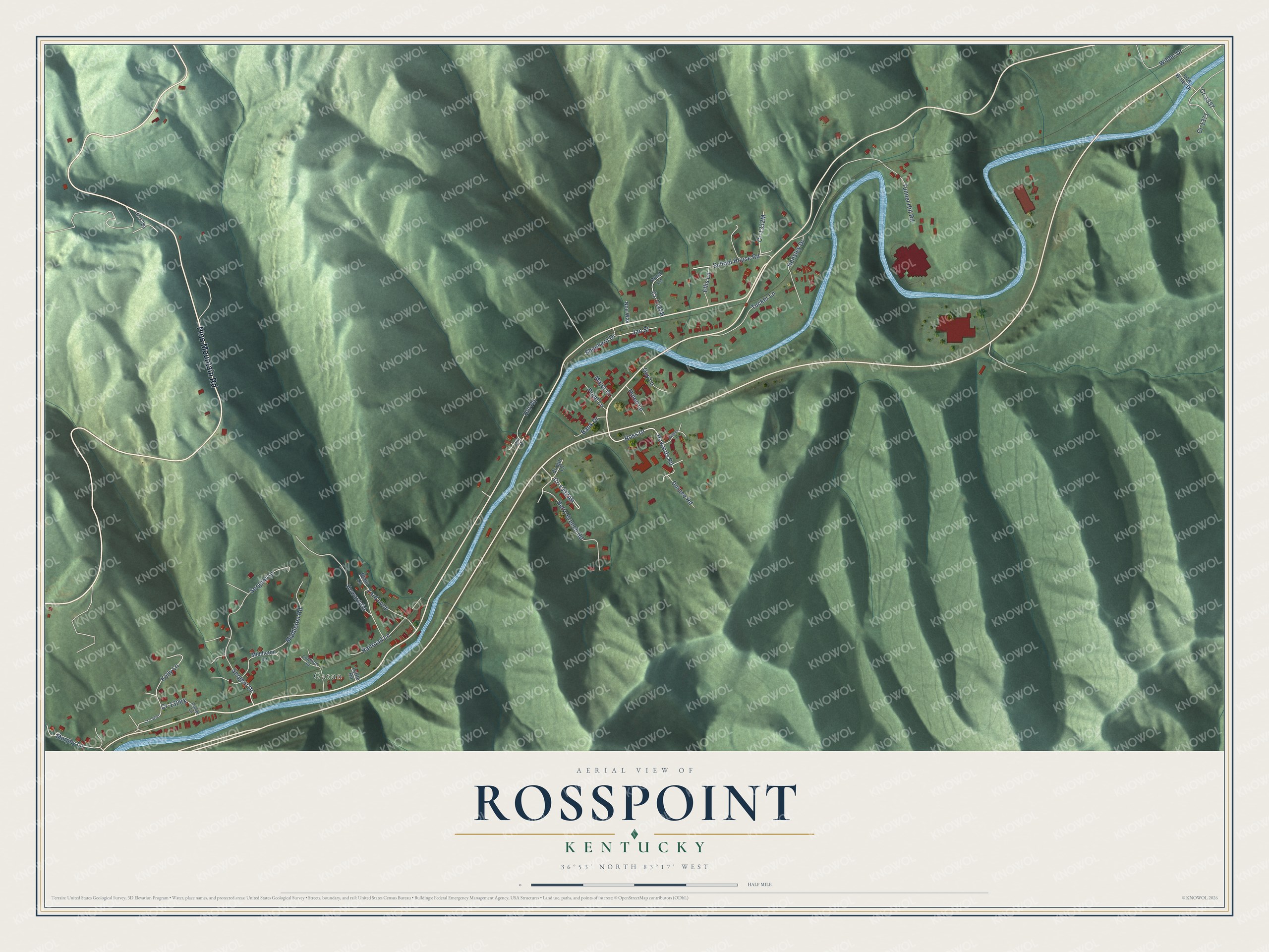 Full map of Rosspoint, Kentucky, with red buildings, printed street names and the land around them