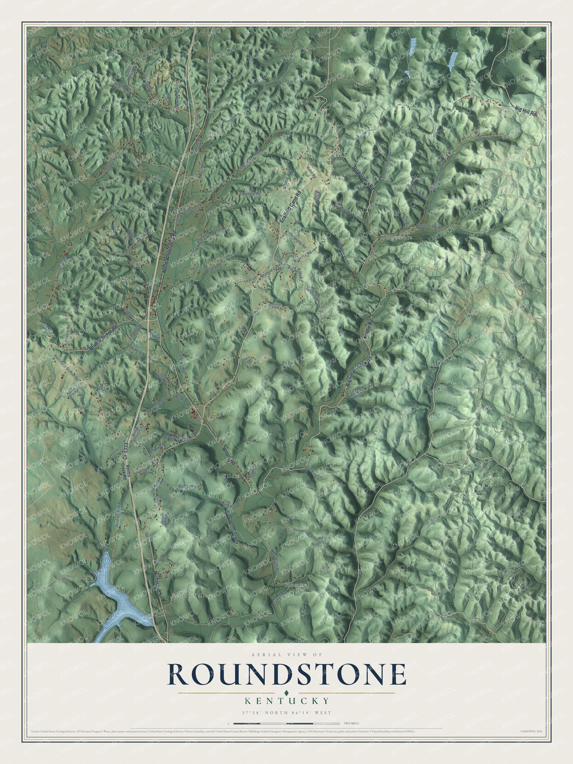 Full map of Roundstone, Kentucky, with red buildings, printed street names and the land around them