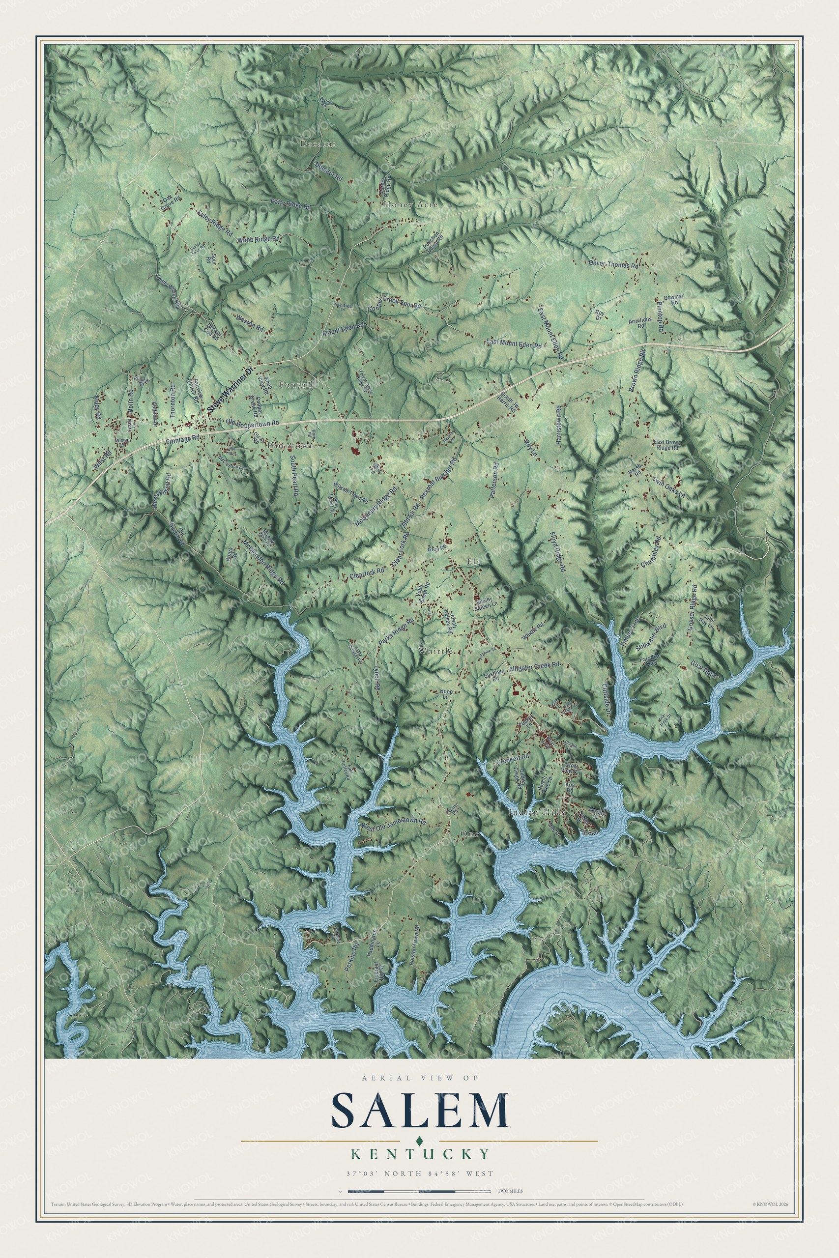 Full map of Salem, Kentucky, with red buildings, printed street names and the land around them