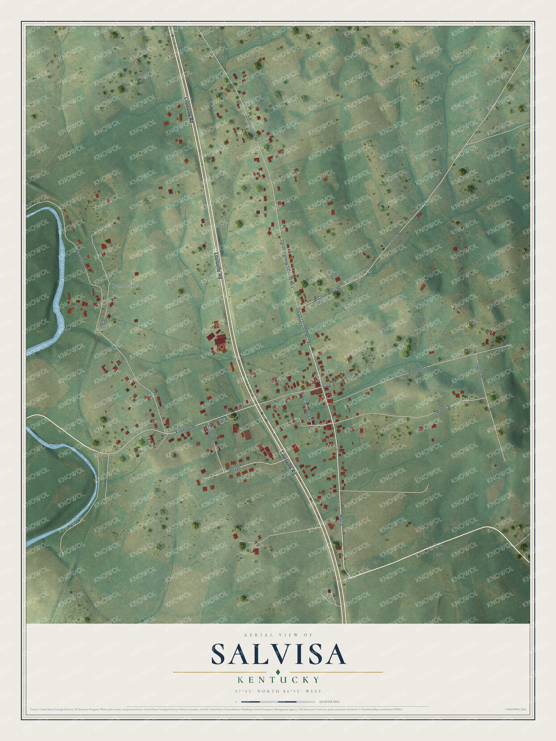 Full map of Salvisa, Kentucky, with red buildings, printed street names and the land around them