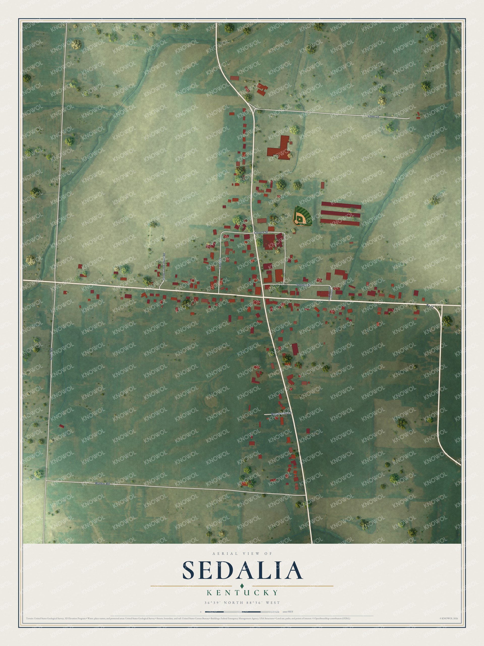 Full map of Sedalia, Kentucky, with red buildings, printed street names and the land around them