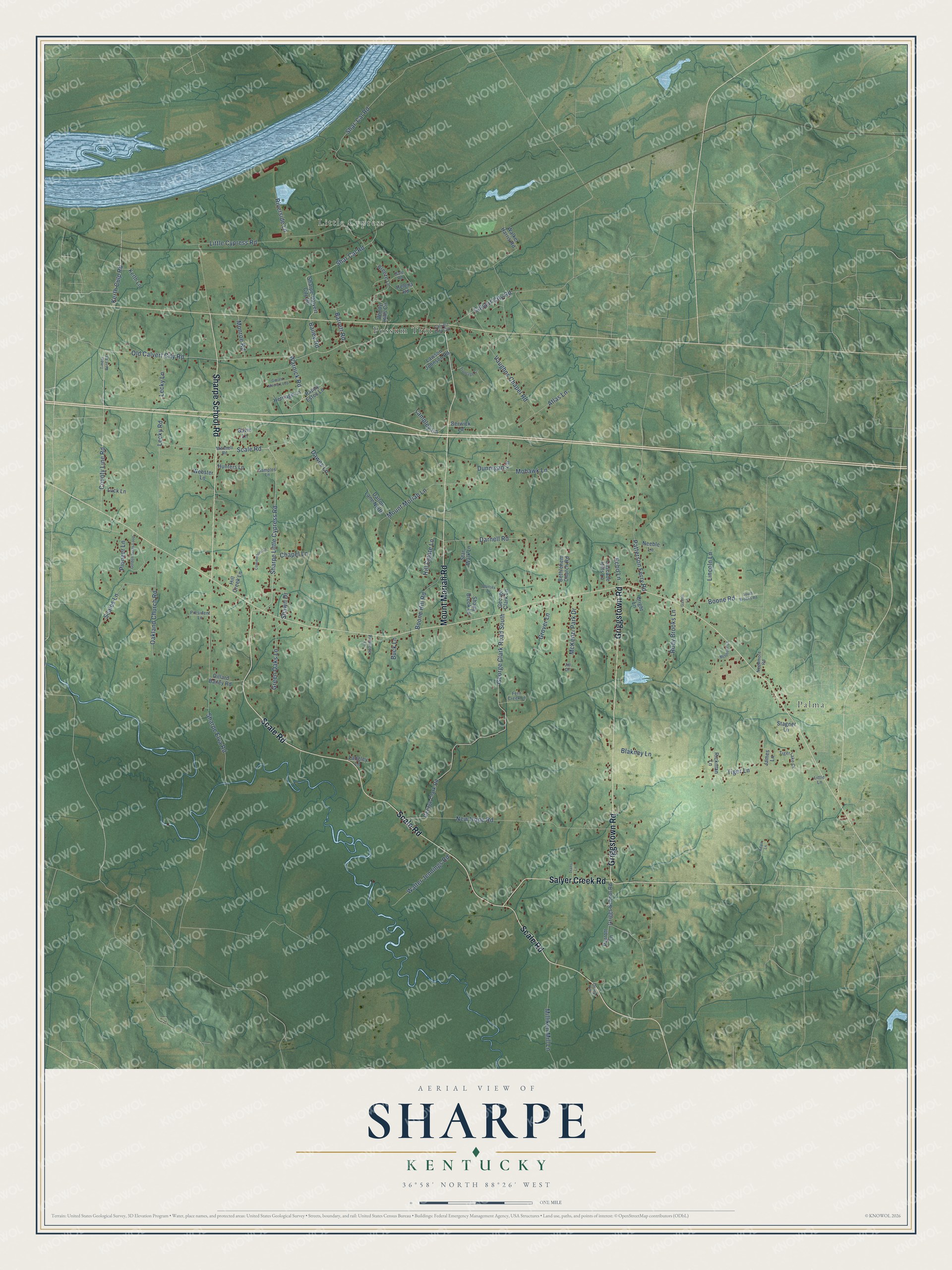 Full map of Sharpe, Kentucky, with red buildings, printed street names and the land around them