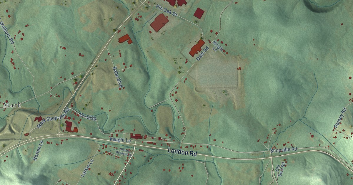 Close-up of streets and buildings in Shopville, Kentucky