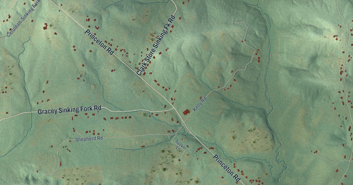 Close-up of streets and buildings in Sinking Fork, Kentucky