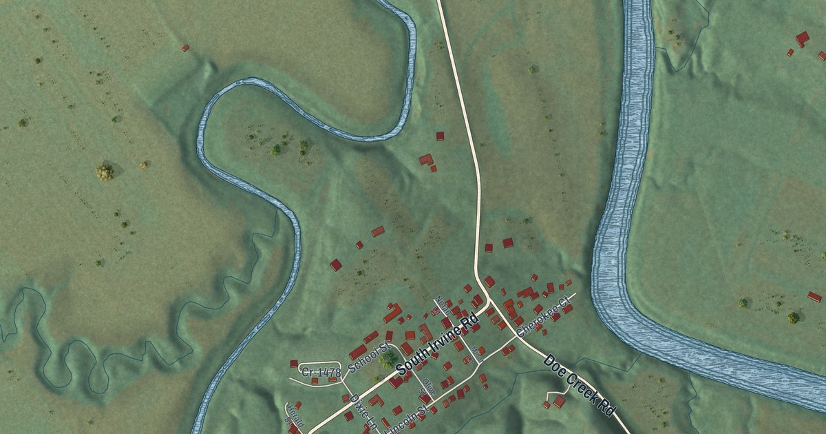 Close-up of streets and buildings in South Irvine, Kentucky