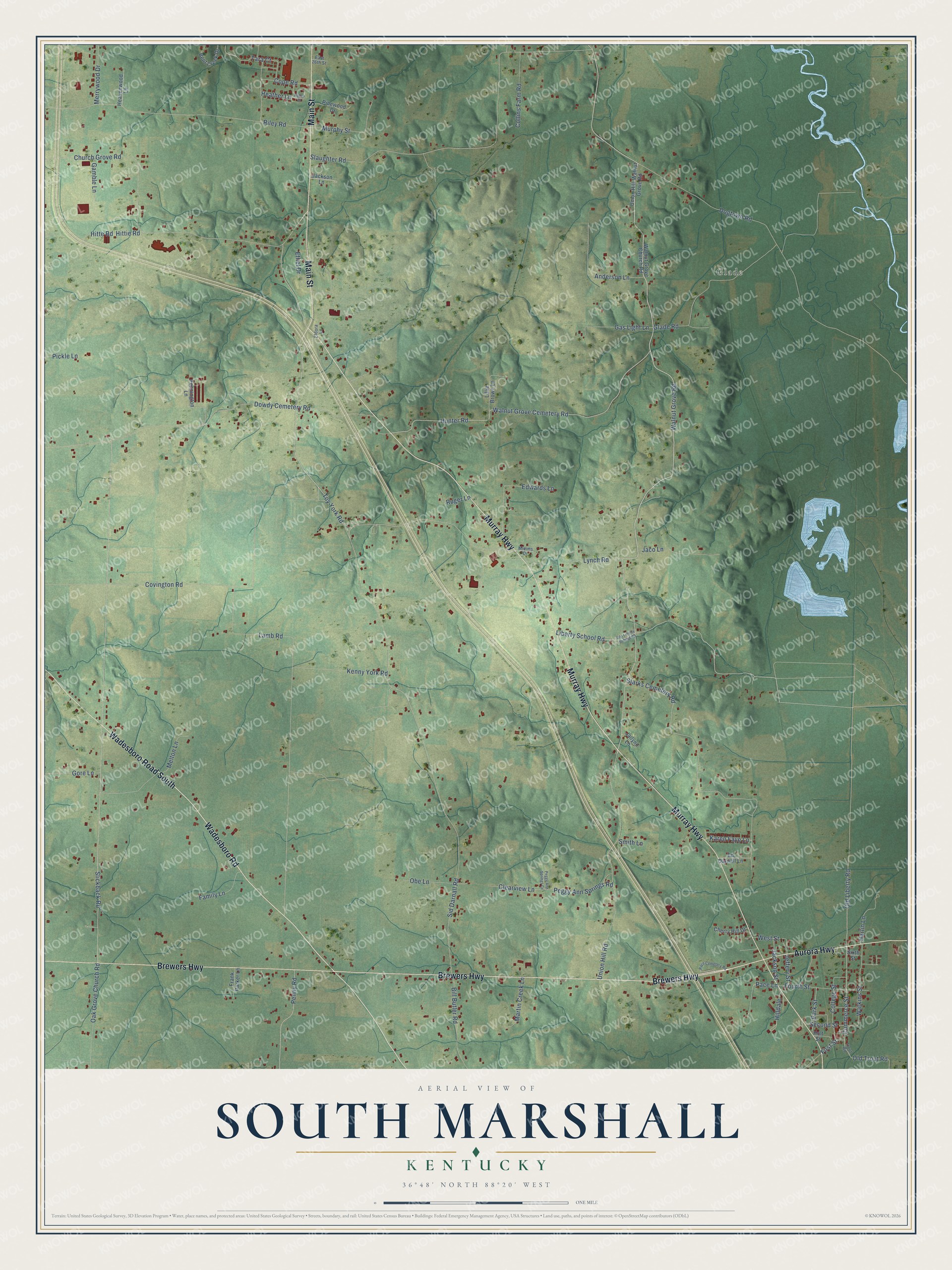 Full map of South Marshall, Kentucky, with red buildings, printed street names and the land around them