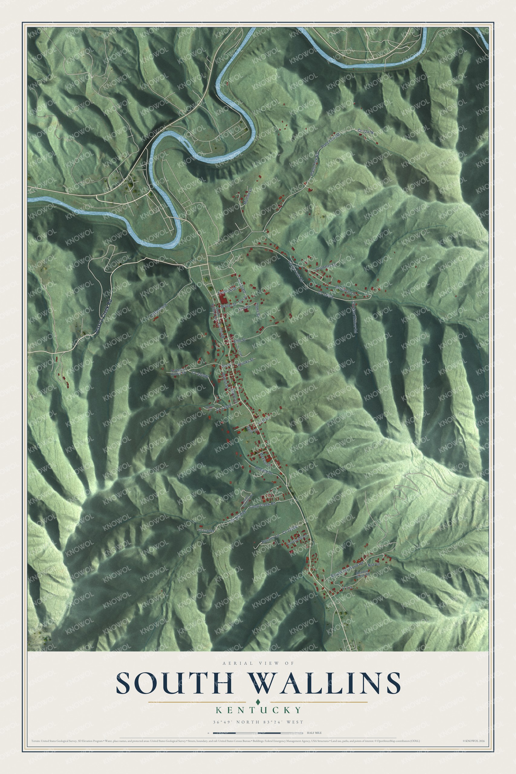 Full map of South Wallins, Kentucky, with red buildings, printed street names and the land around them