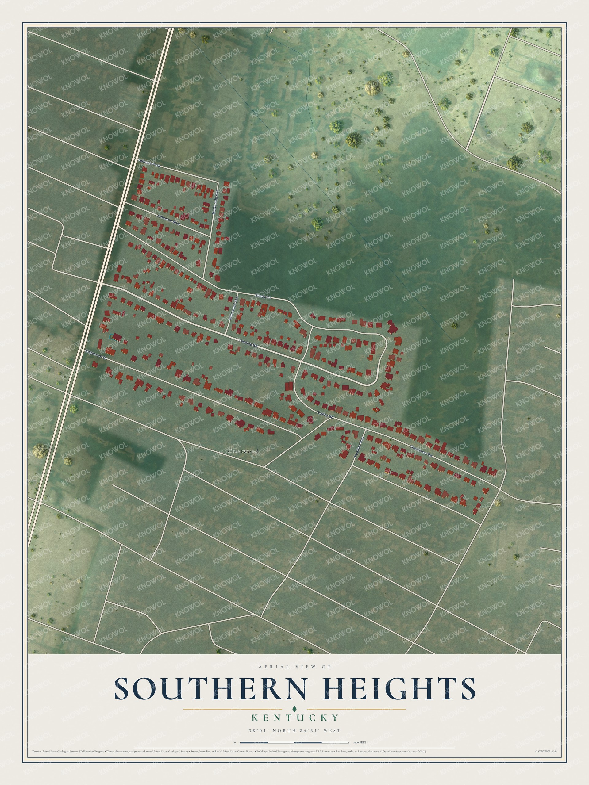 Full map of Southern Heights, Kentucky, with red buildings, printed street names and the land around them