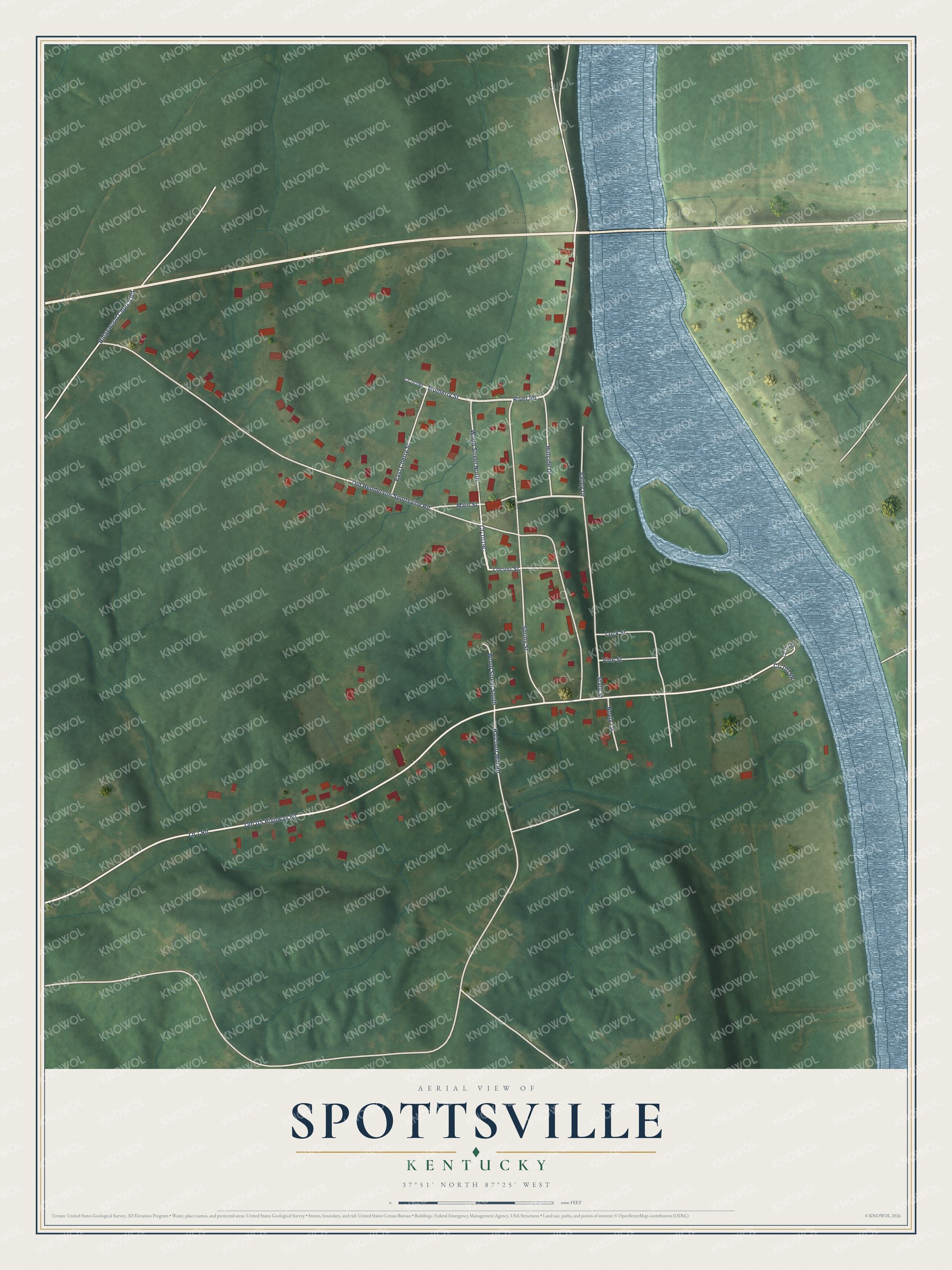 Full map of Spottsville, Kentucky, with red buildings, printed street names and the land around them