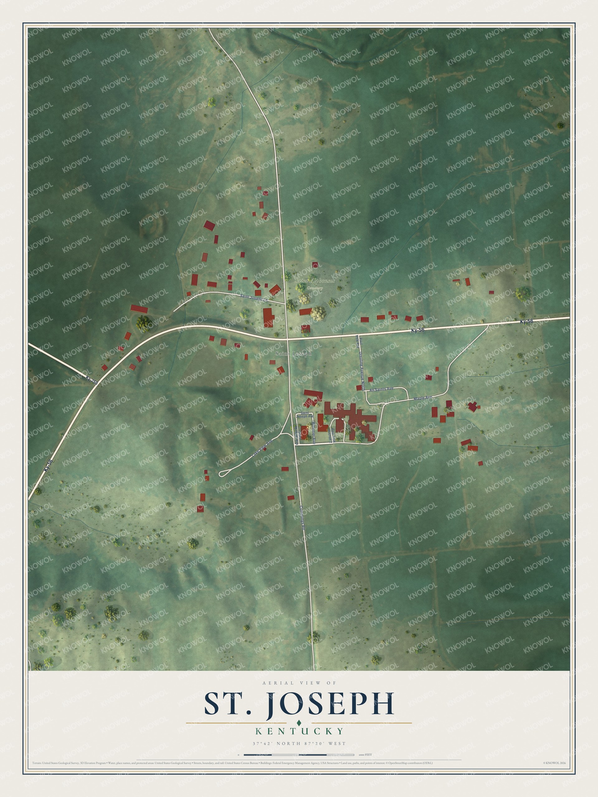 Full map of St. Joseph, Kentucky, with red buildings, printed street names and the land around them