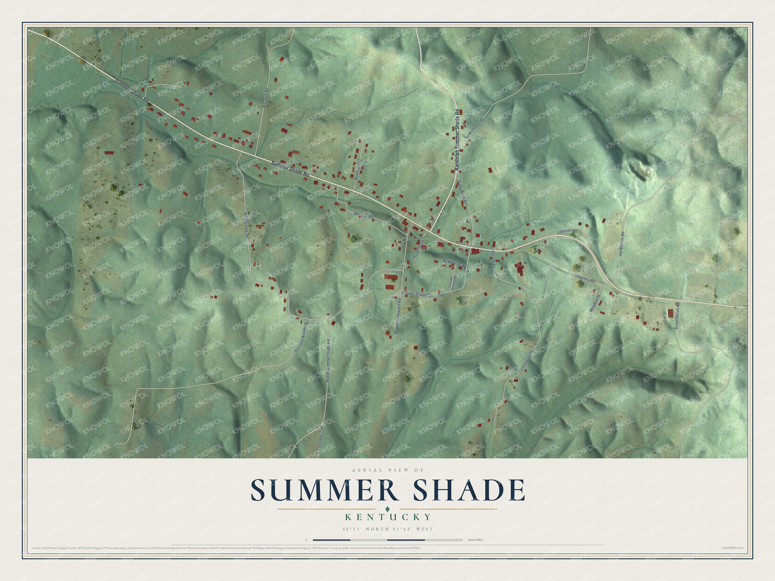 Full map of Summer Shade, Kentucky, with red buildings, printed street names and the land around them